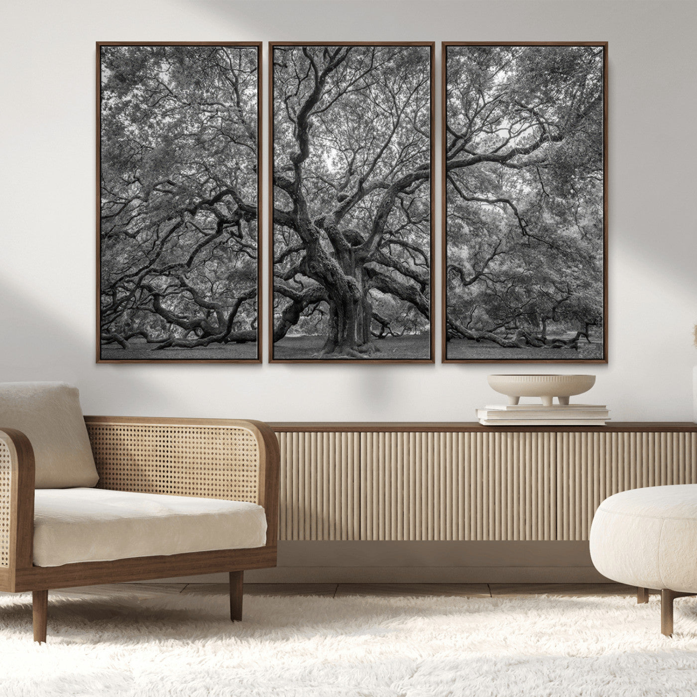 97240-MGV-FC-48X32-3P_Walnut-Majestic Angel Oak Tree Black and White Canvas Print – Multi Panel Wall Art, Giclée Print, Ready to
