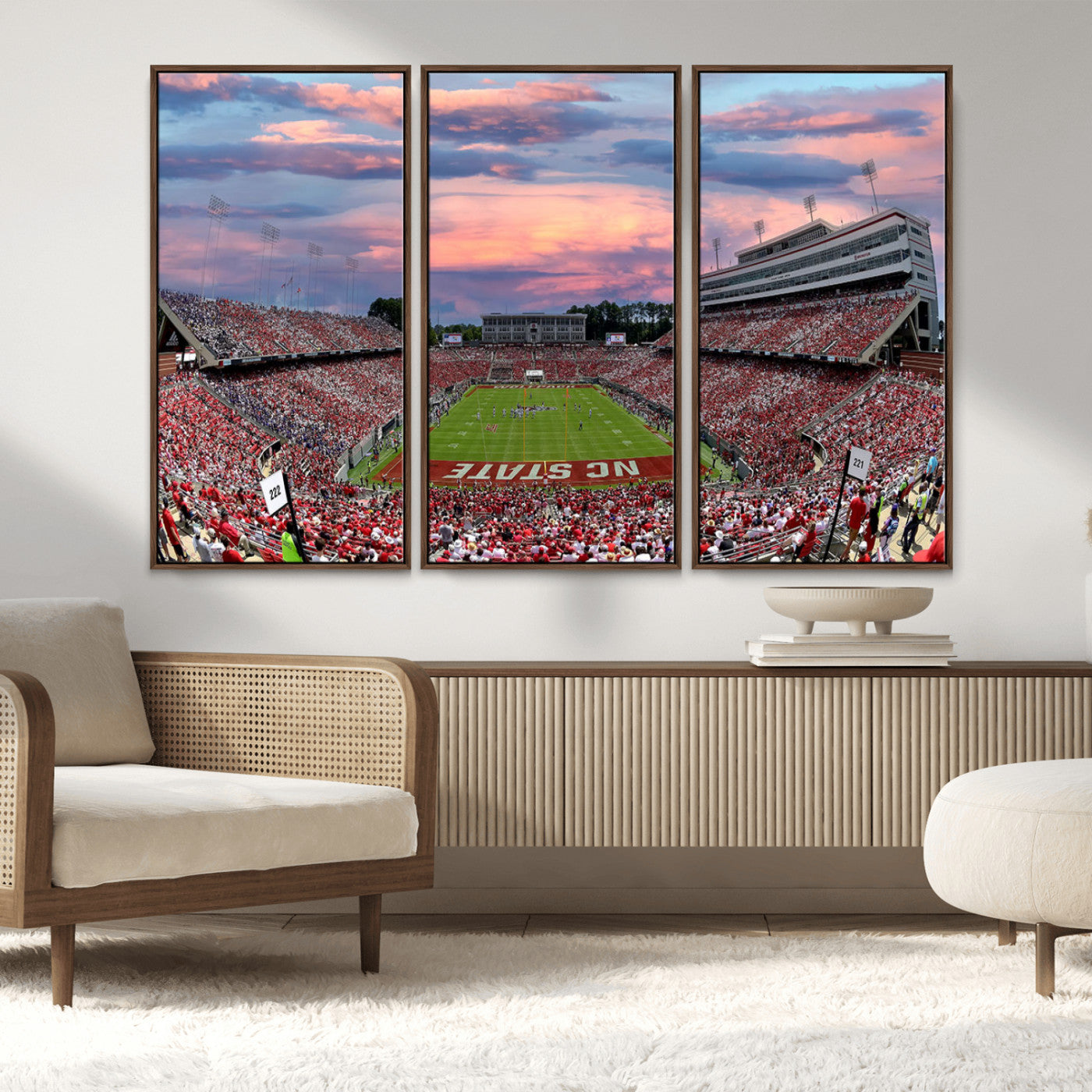 MGV-FC-48X32-3P - Carter-Finley Stadium Art Sunset Game Triple Canvas Wall Art - NC State Wolfpack Football Match