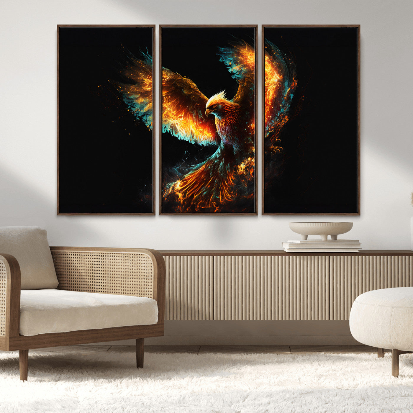 MGV-FC-48X32-3P - Fiery Phoenix Canvas Print | Ready to Hang Wall Art | Bold Fantasy Decor for Living Room | Majestic
