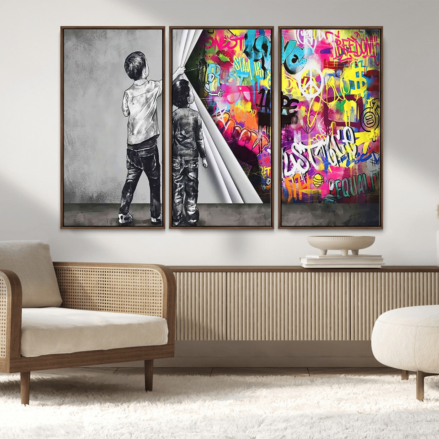 MGV-FC-48X32-3P - Banksy Print - Street Art Canvas Wall Art - Kids Revealing Graffiti, Urban Modern Decor for Living