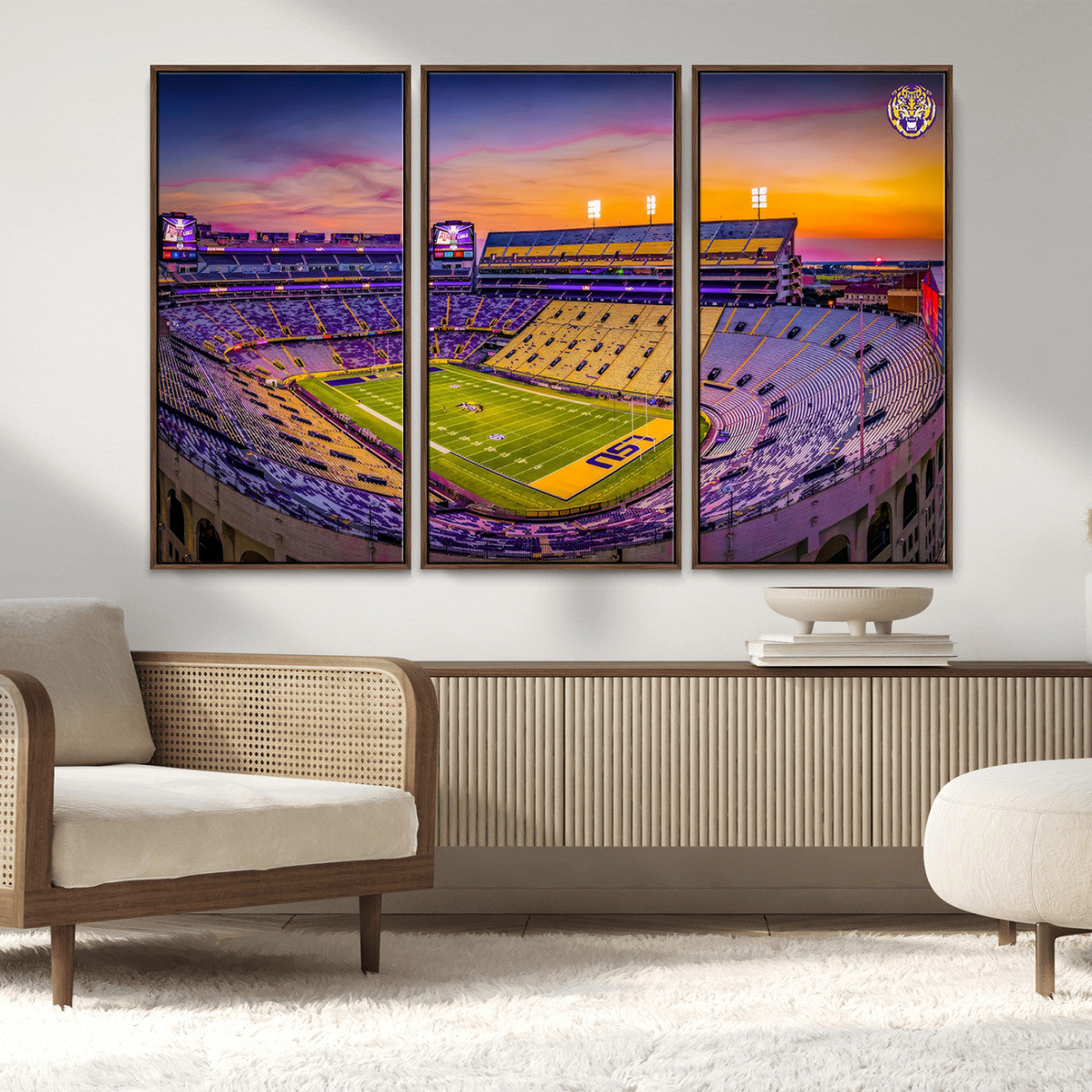 93538-MGV-FC-48X32-3P_Walnut-The Louisiana State University Tigers Football Team Print - Baton Rouge Tiger Stadium Wall Art