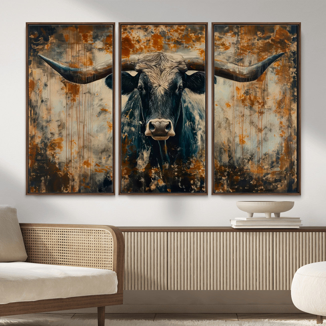 85913-MGV-CV-36X24 - Abstract Longhorn Bull Wall Art | Rustic Western Wall Decor | Framed and Ready to Hang | Ideal for