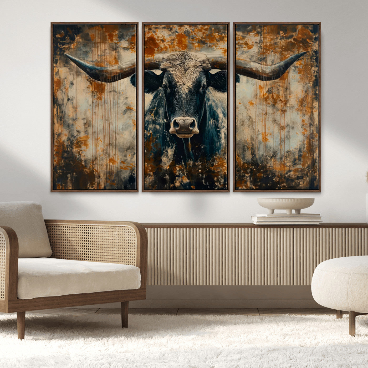 MGV-FC-48X32-3P - Abstract Longhorn Bull Wall Art | Rustic Western Wall Decor | Framed and Ready to Hang | Ideal for