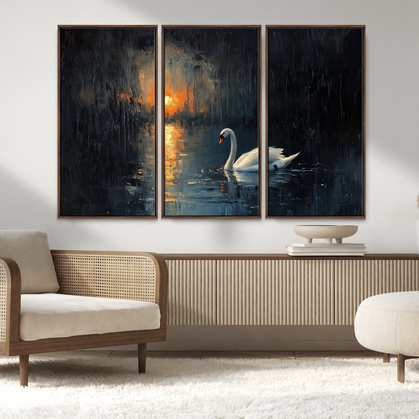 MGV-FC-48X32-3P - Abstract Swan on Water Wall Art Canvas Print - Elegant Nature Scene for Modern Home Decor