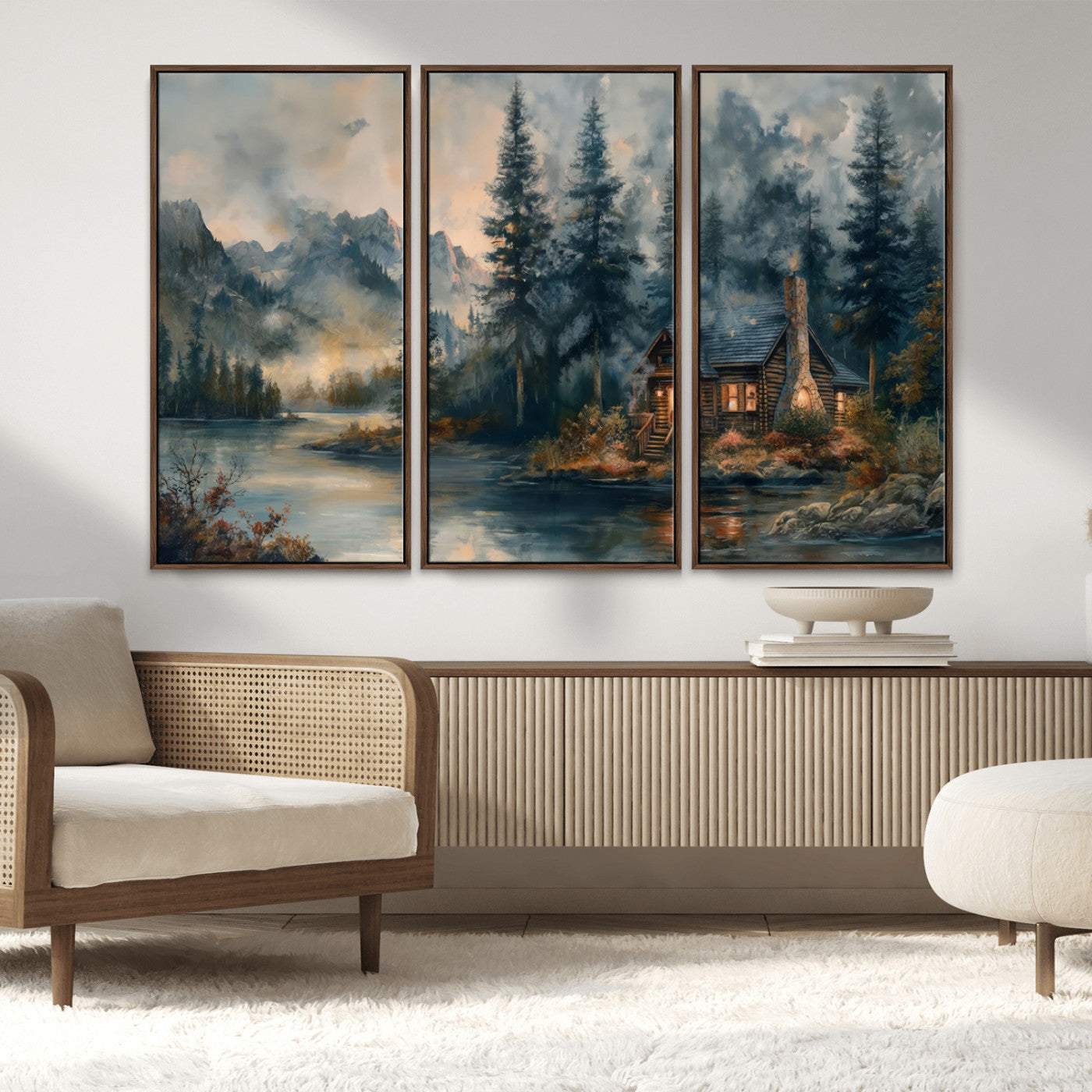 MGV-FC-48X32-3P - Rustic Cabin Woods Wall Art Print | Lake in a Forest Canvas Print | Cabin, Lodge, and Farmhouse