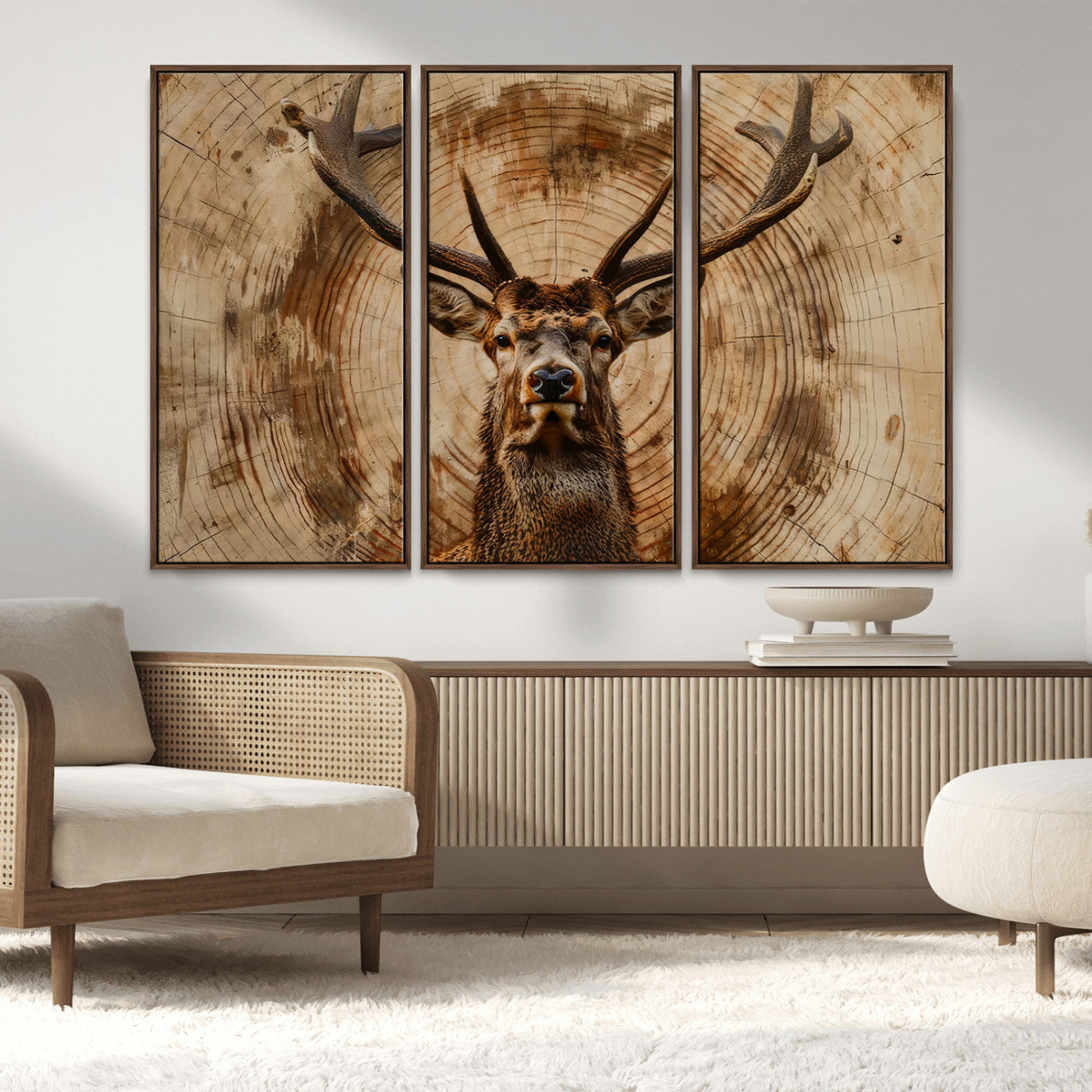 MGV-FC-48X32-3P - Wood Abstract Deer Wall Art | Rustic Wildlife Canvas Print | Ready to Hang Stag Head Triptych for