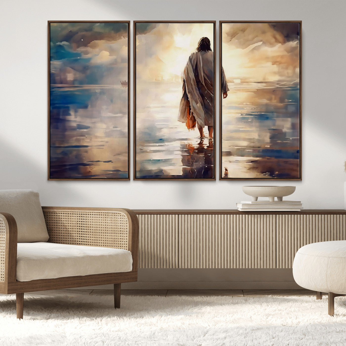 MGV-FC-48X32-3P - Jesus Walking on Water Wall Art | Ready to Hang Spiritual Triptych Canvas Print | Inspirational