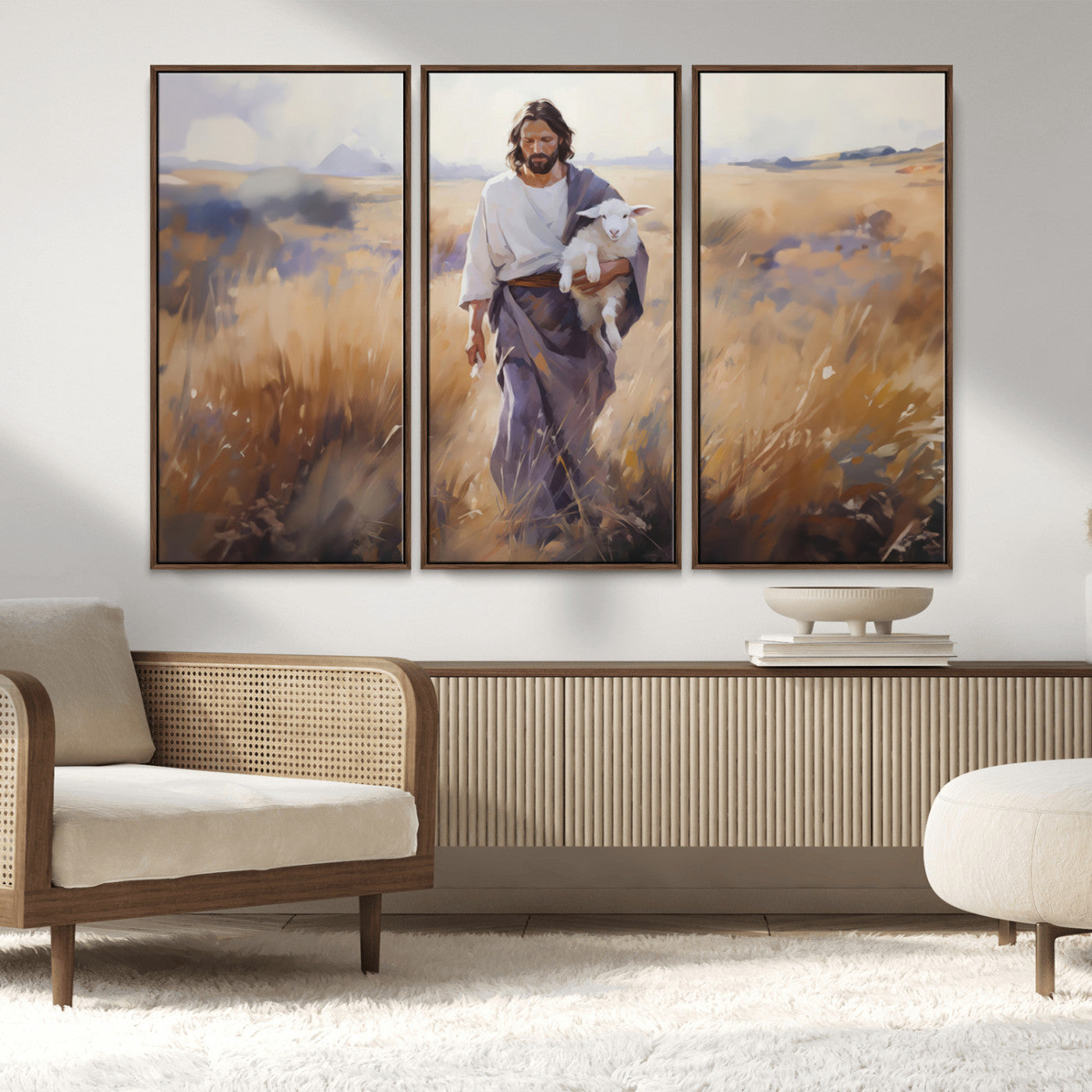 MGV-FC-48X32-3P - Jesus the Good Shepherd Wall Art Canvas Print - Lost Lamb Print for Prayer Room Decor