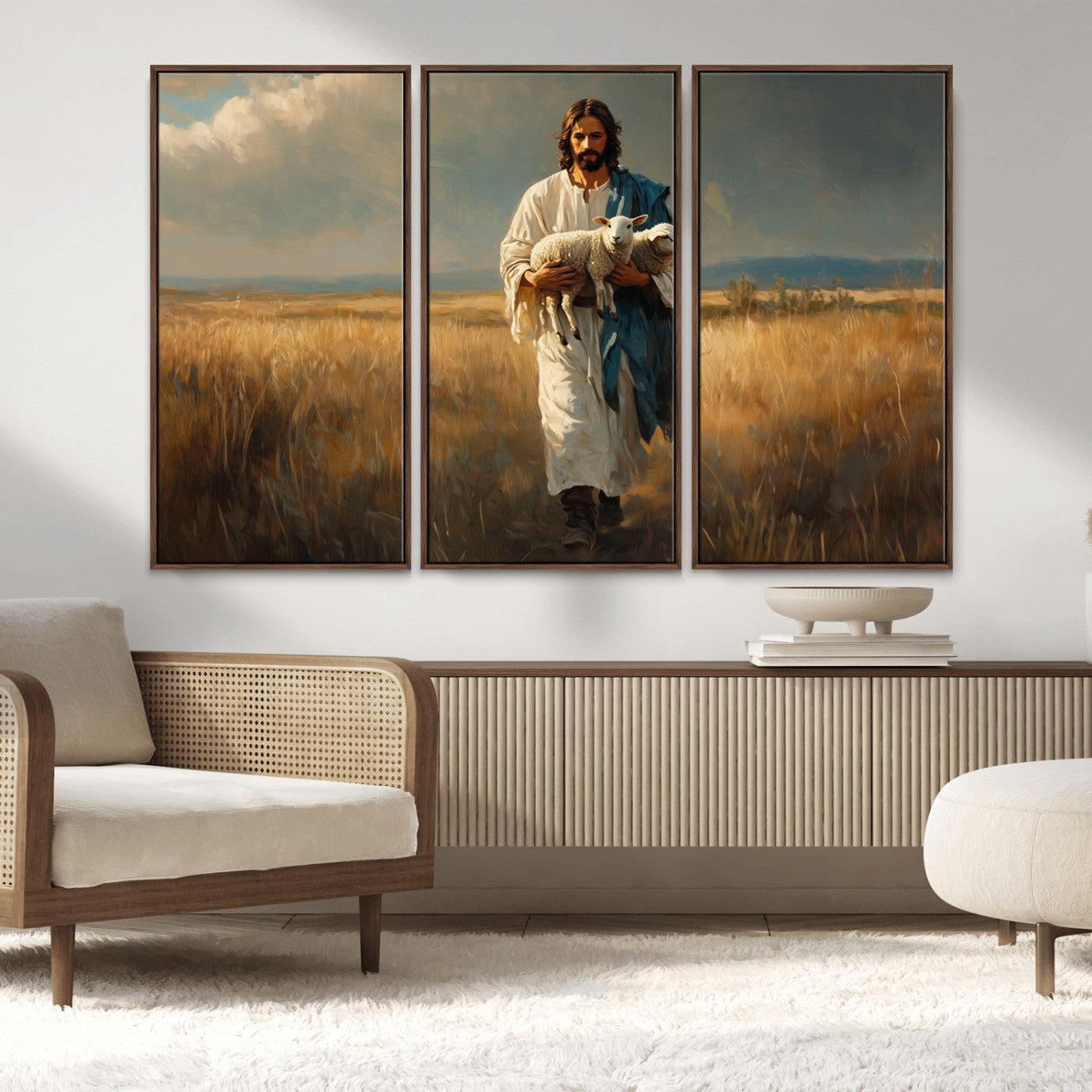 MGV-FC-48X32-3P - Jesus Shepherd Wall Art | Ready to Hang Triptych Canvas of Jesus Holding a Lamb in a Field |
