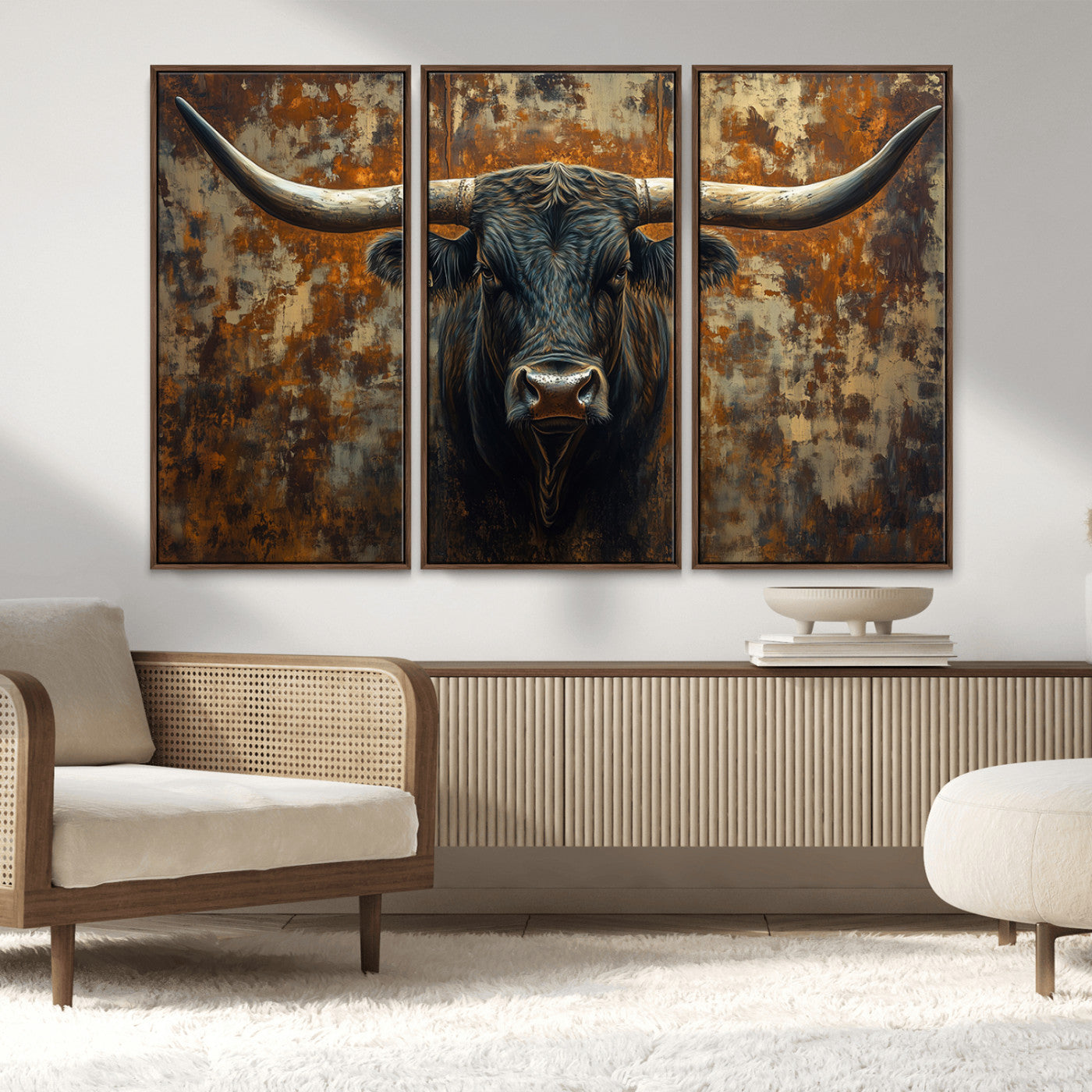 MGV-FC-48X32-3P - Longhorn Texas Cow Bull Wall Art | Rustic Farmhouse Canvas Print | Ready to Hang Barn Decor for