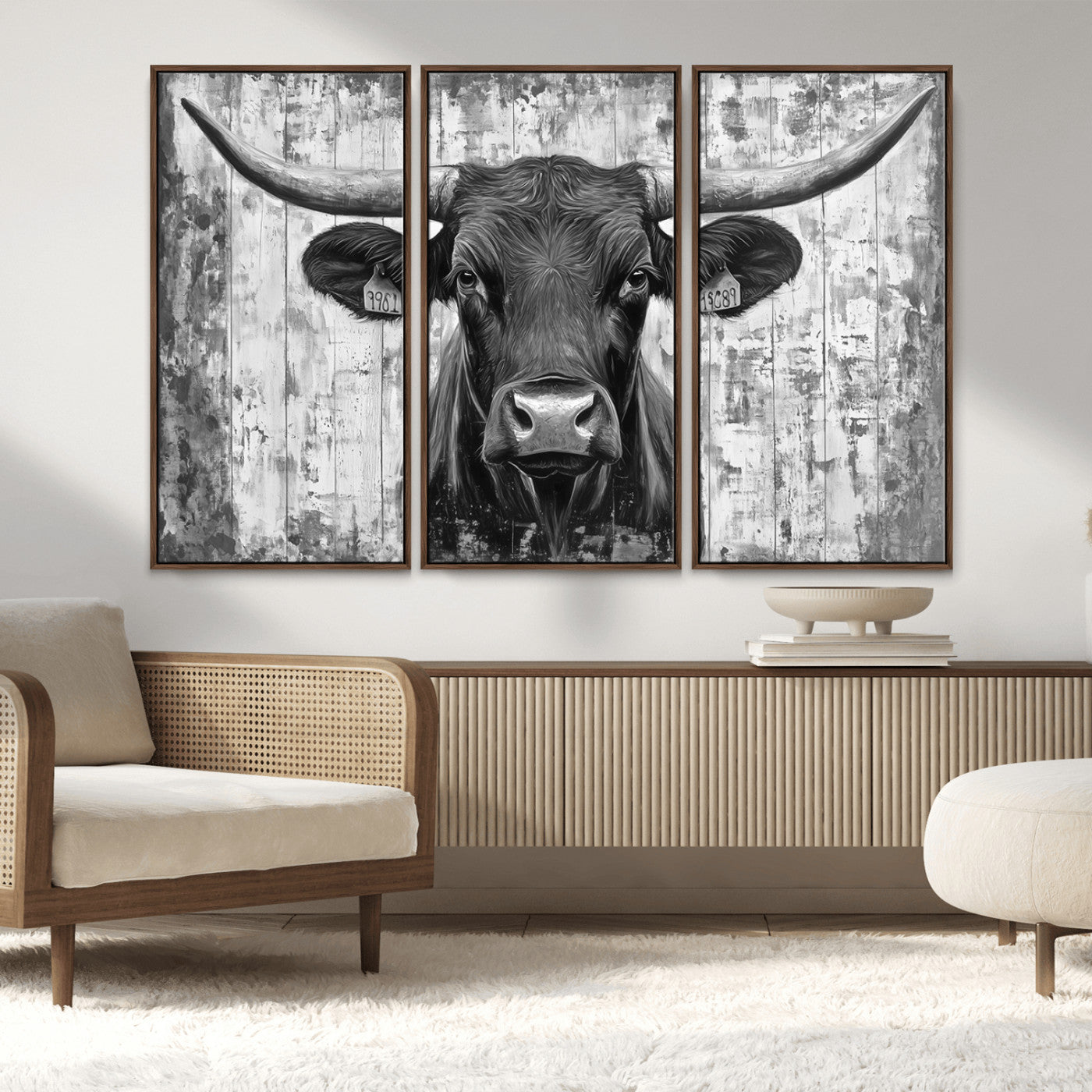 MGV-FC-48X32-3P - Abstract Longhorn Bull Wall Art Canvas Print - Rustic Texas Western Cow Artwork