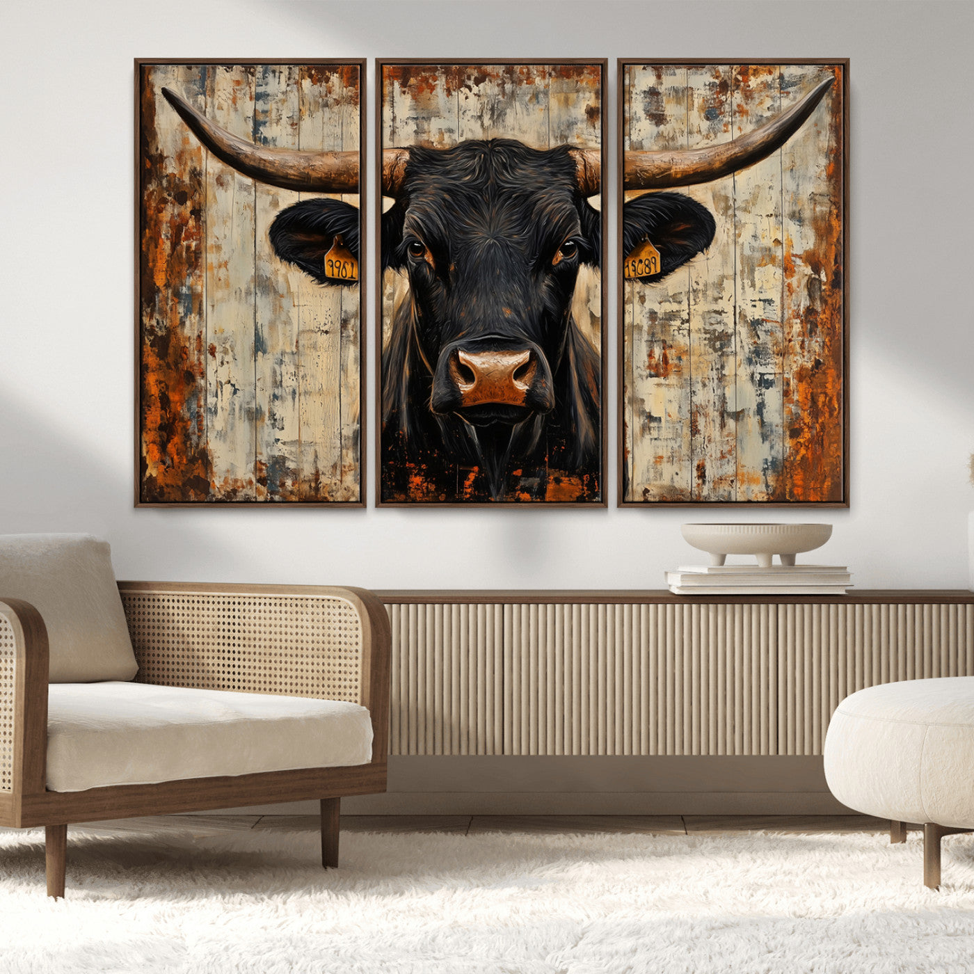 MGV-FC-48X32-3P - Rustic Texas Artwork Wall Art Canvas Print - Abstract Cow Longhorn Bull Wall Art Canvas Print