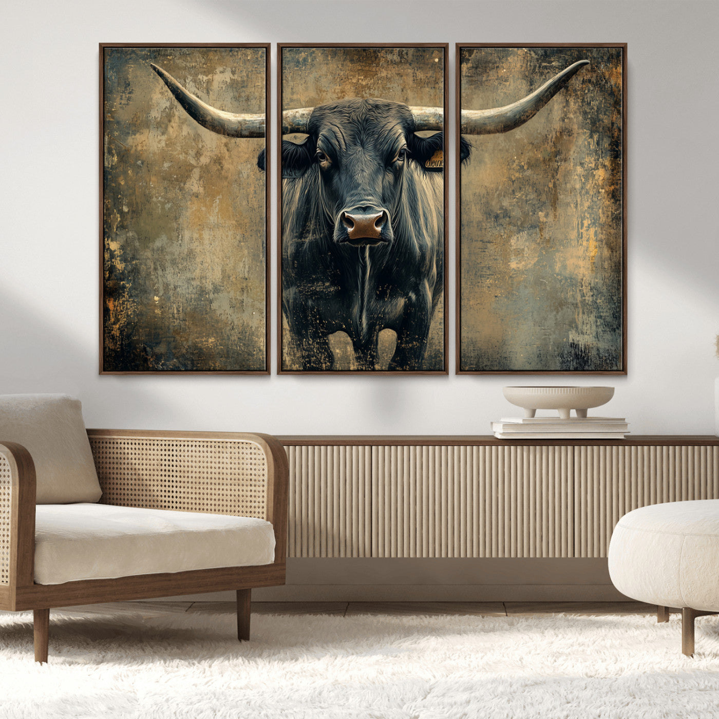 MGV-FC-48X32-3P - Longhorn Bull Wall Art Canvas Print, Framed Rustic Cow Art Picture Print, Texas Longhorn Perfect Western Decor Artwork