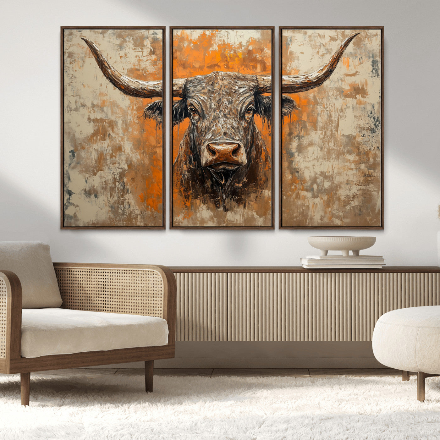 MGV-FC-48X32-3P - Abstract Cow Longhorn Bull Wall Art Canvas Print - Rustic Texas Western Cattle Artwork