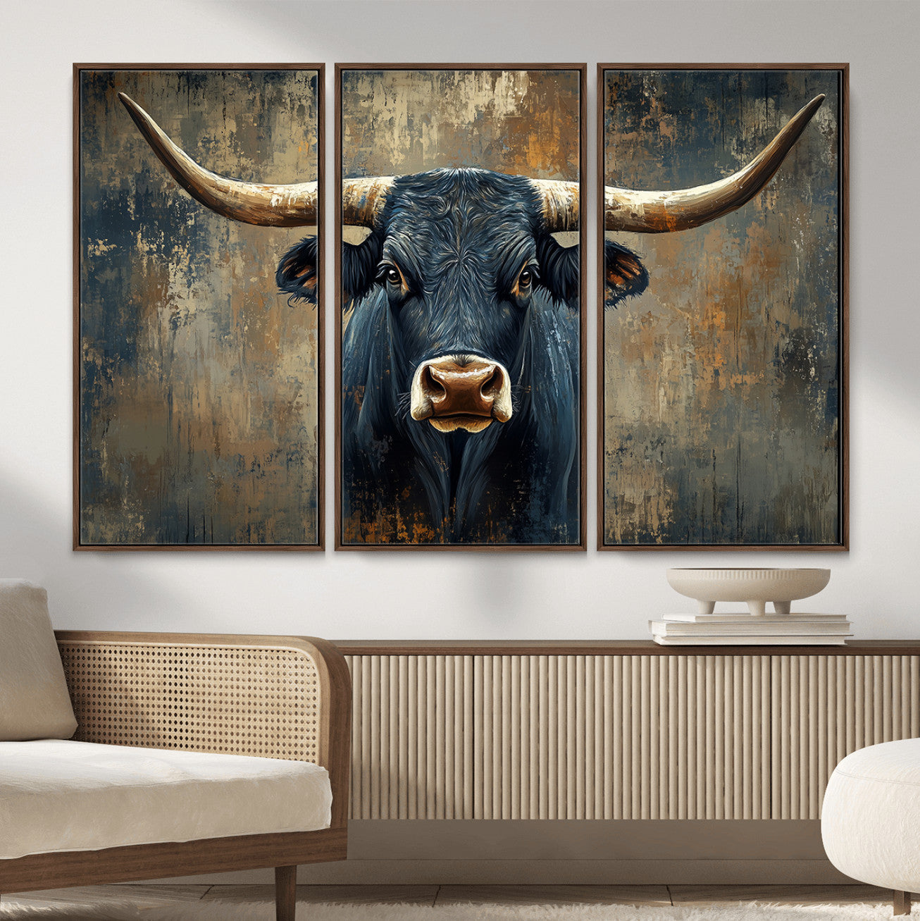 42026-MGV-CV-36X24 - Texas Western Wall Art Canvas Print - Abstract Cow Longhorn Bull Wall Art Canvas Print - Rustic Cow