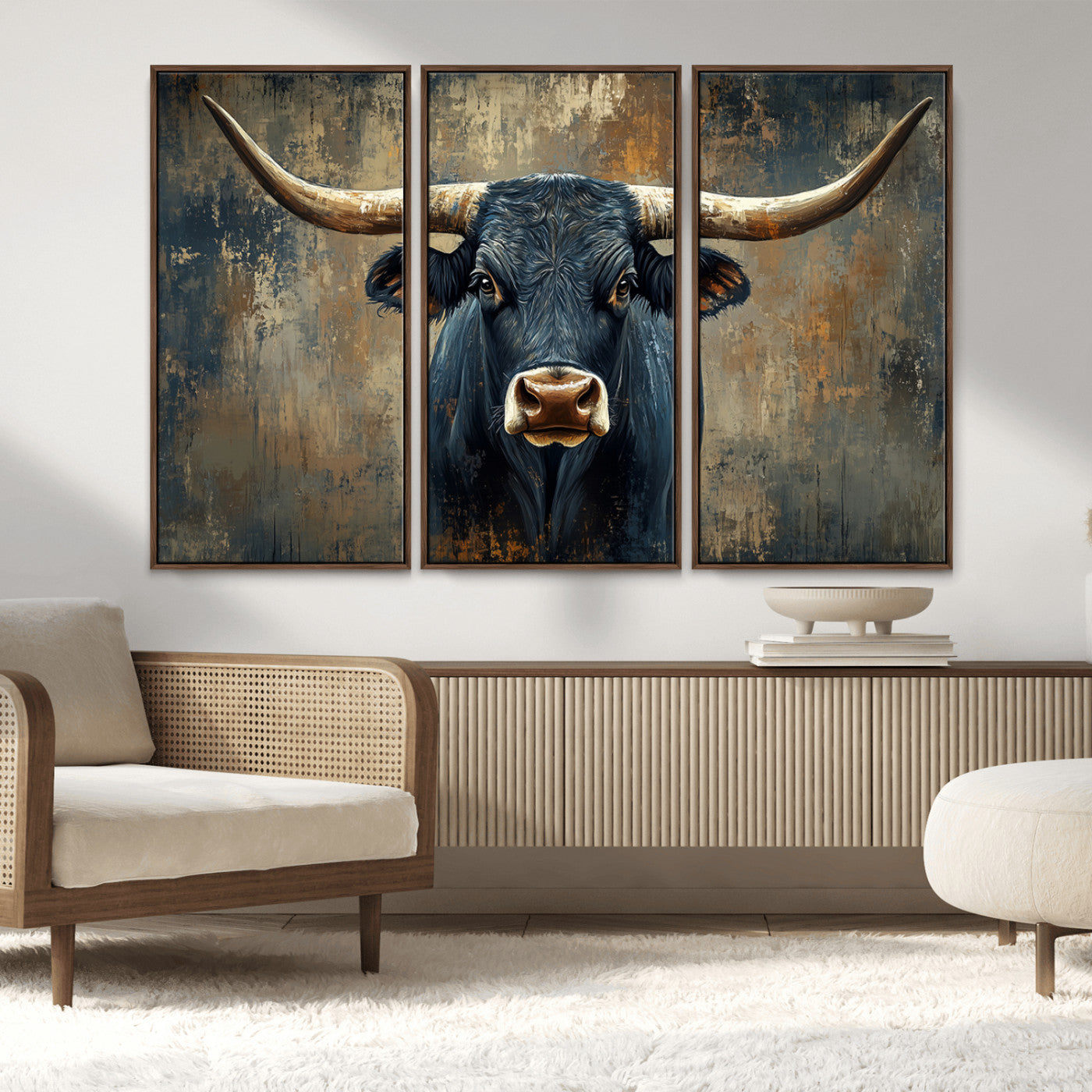 MGV-FC-48X32-3P - Texas Western Wall Art Canvas Print - Abstract Cow Longhorn Bull Wall Art Canvas Print - Rustic Cow