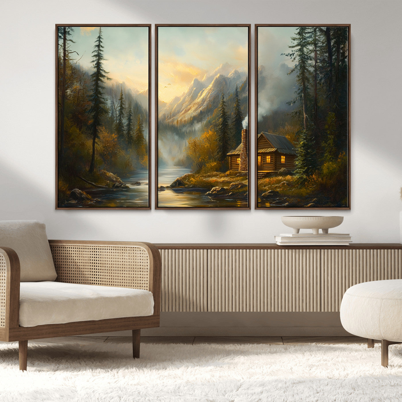 MGV-FC-48X32-3P - Wood Cabin Retreat Mountain at Sunset Wall Art Print - Serene Forest and River Landscape Wall Art