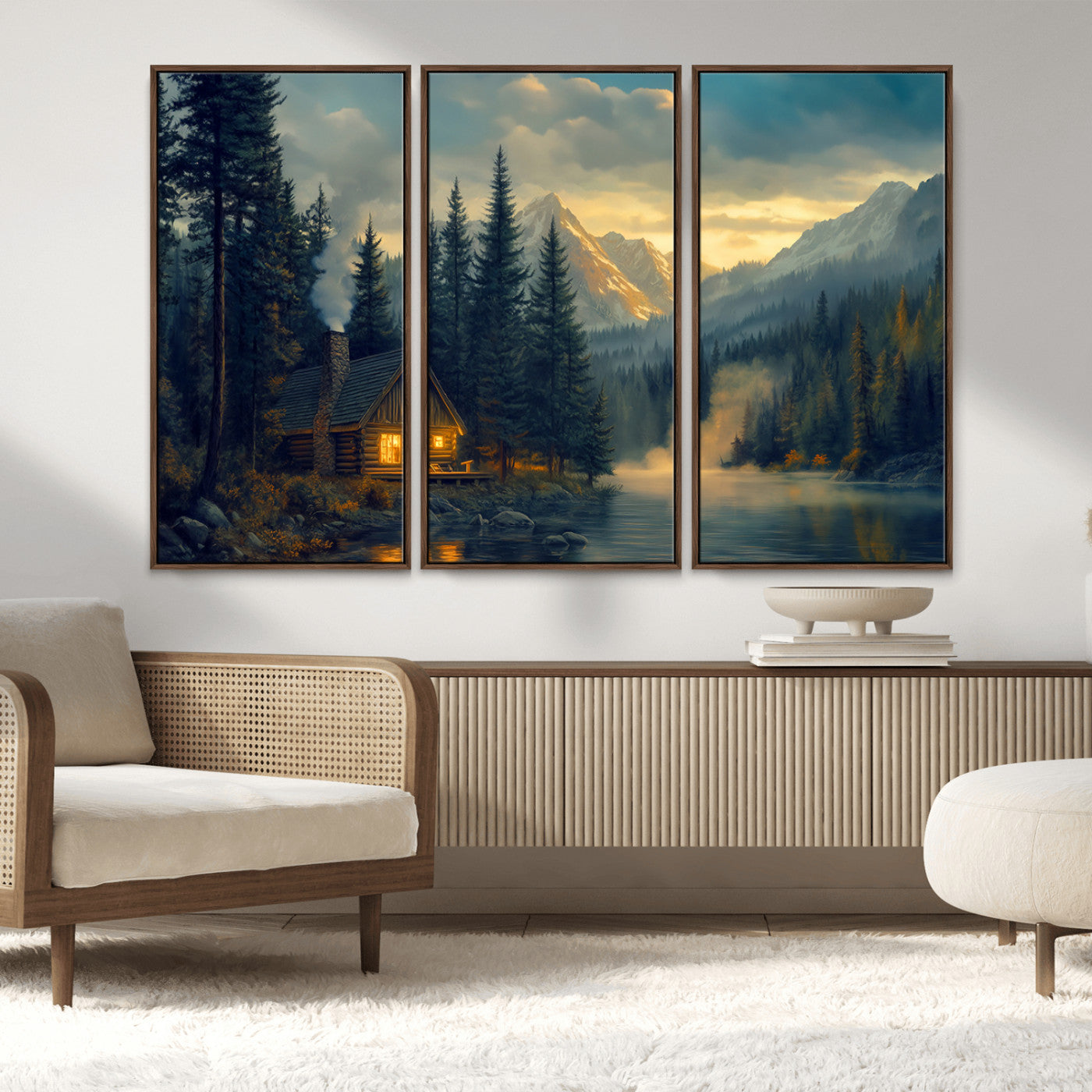 MGV-FC-48X32-3P - Mountain Cabin by the Lake at Sunset Wall Art - Serene Nature Canvas Print for Living Room Decor,