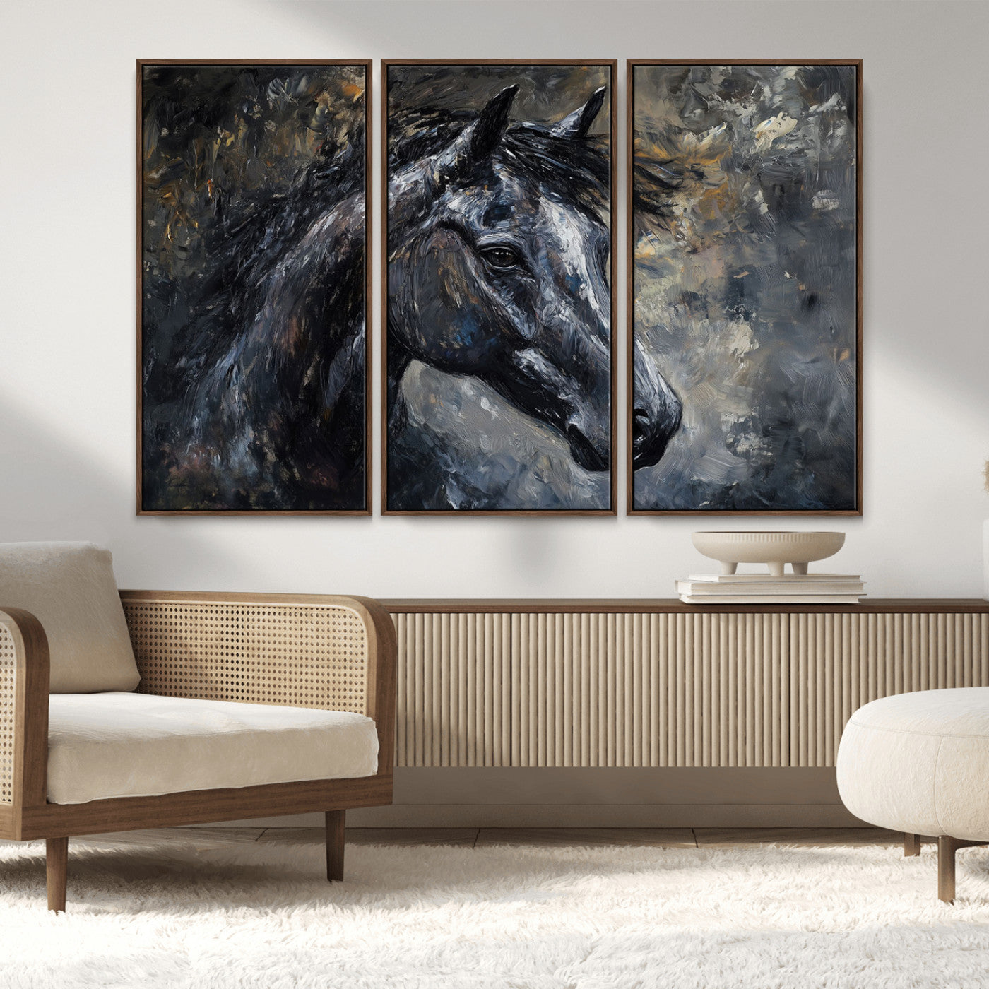MGV-FC-48X32-3P - Large Abstract Horse Wall Art Canvas Print | Farmhouse Wall Decor | Rustic Horse Art | Western Cabin