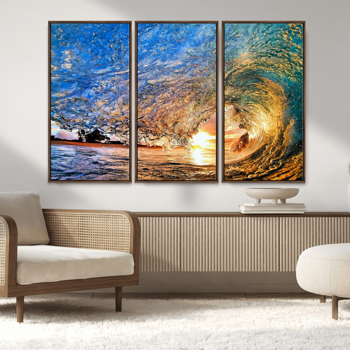 MGV-FC-48X32-3P - Ocean Wave at Sunset Canvas Wall Art – Vibrant Coastal Beach Waves Print, Large Nautical Decor,
