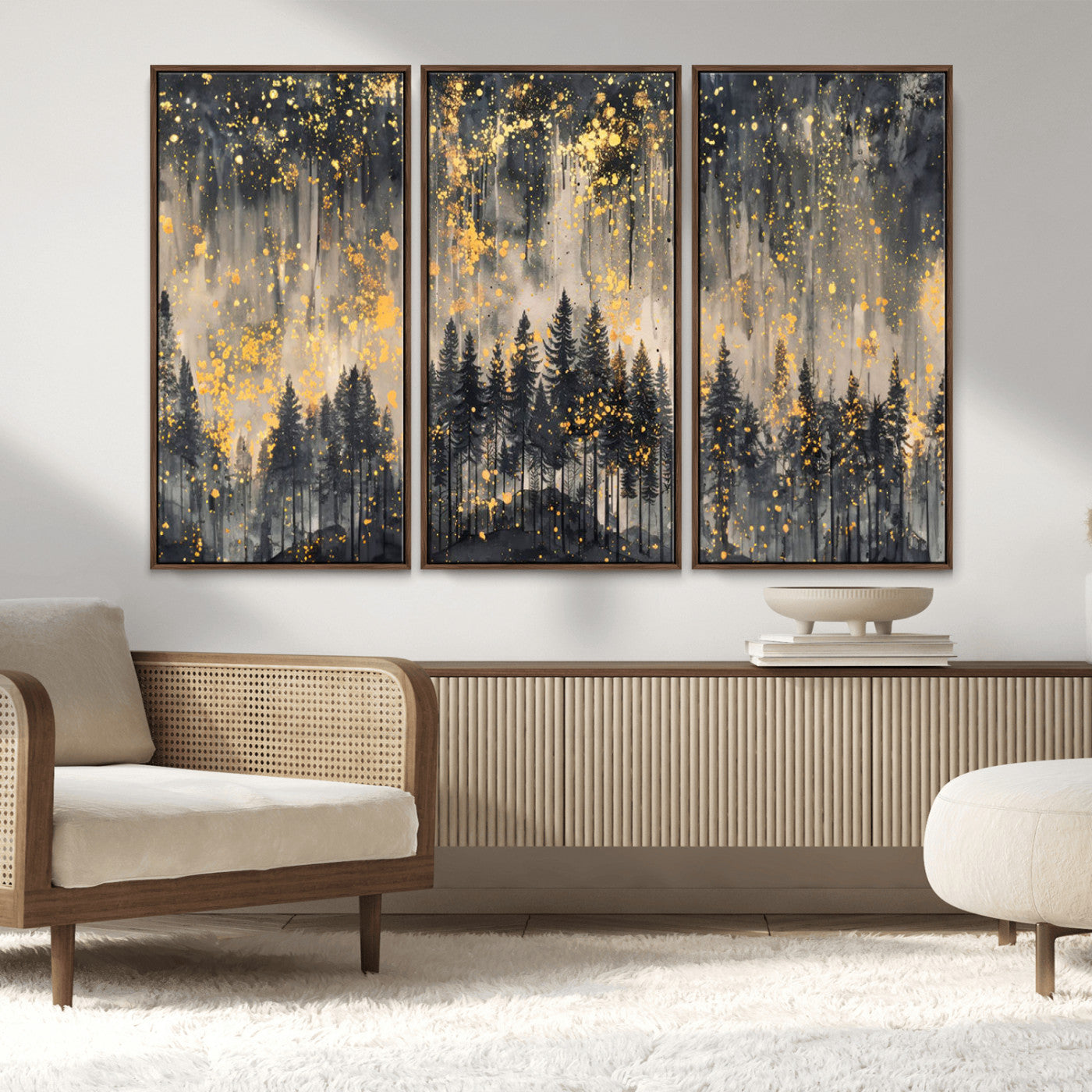 MGV-FC-48X32-3P - Golden Forest Abstract Wall Art | Dark Forest with Gold Splatter Accents | Triptych Ready to Hang