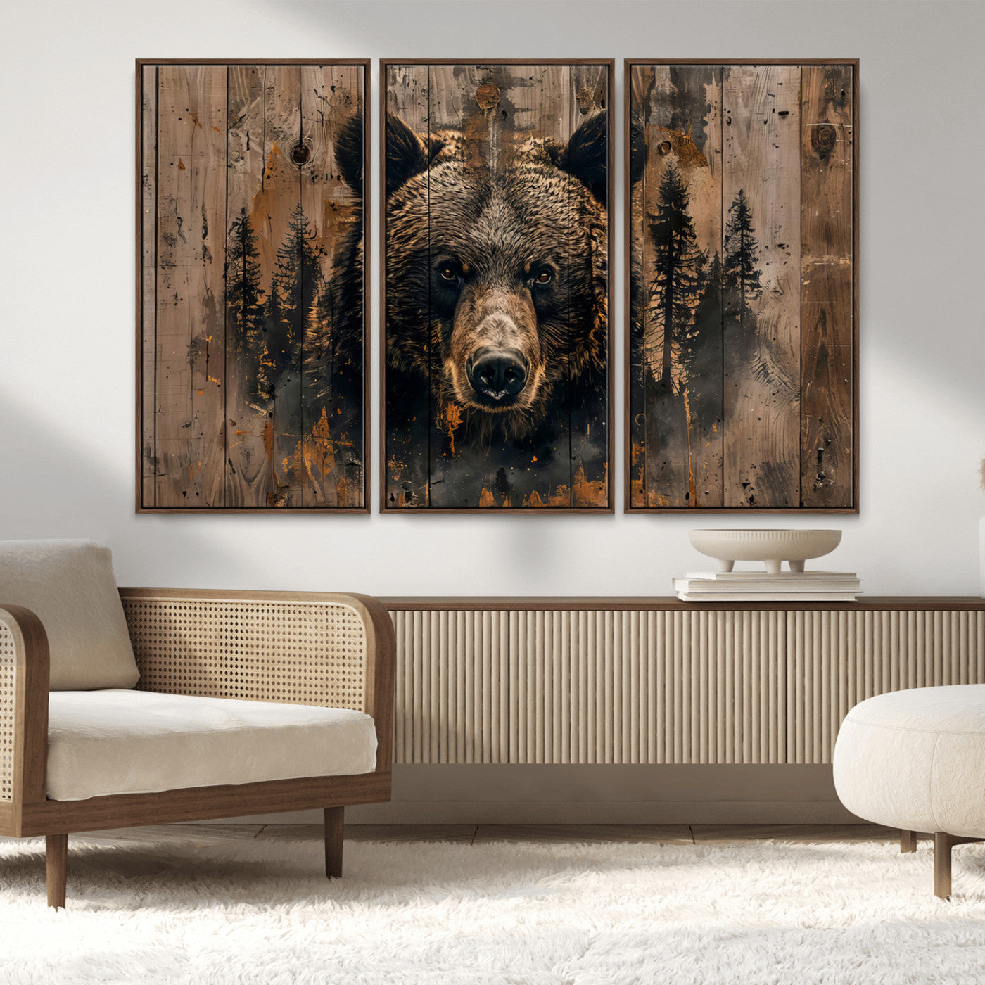 MGV-FC-48X32-3P - Rustic Grizzly 399 Wall Art | Triptych Canvas Print | Rustic Cabin Wall Decor | Perfect for