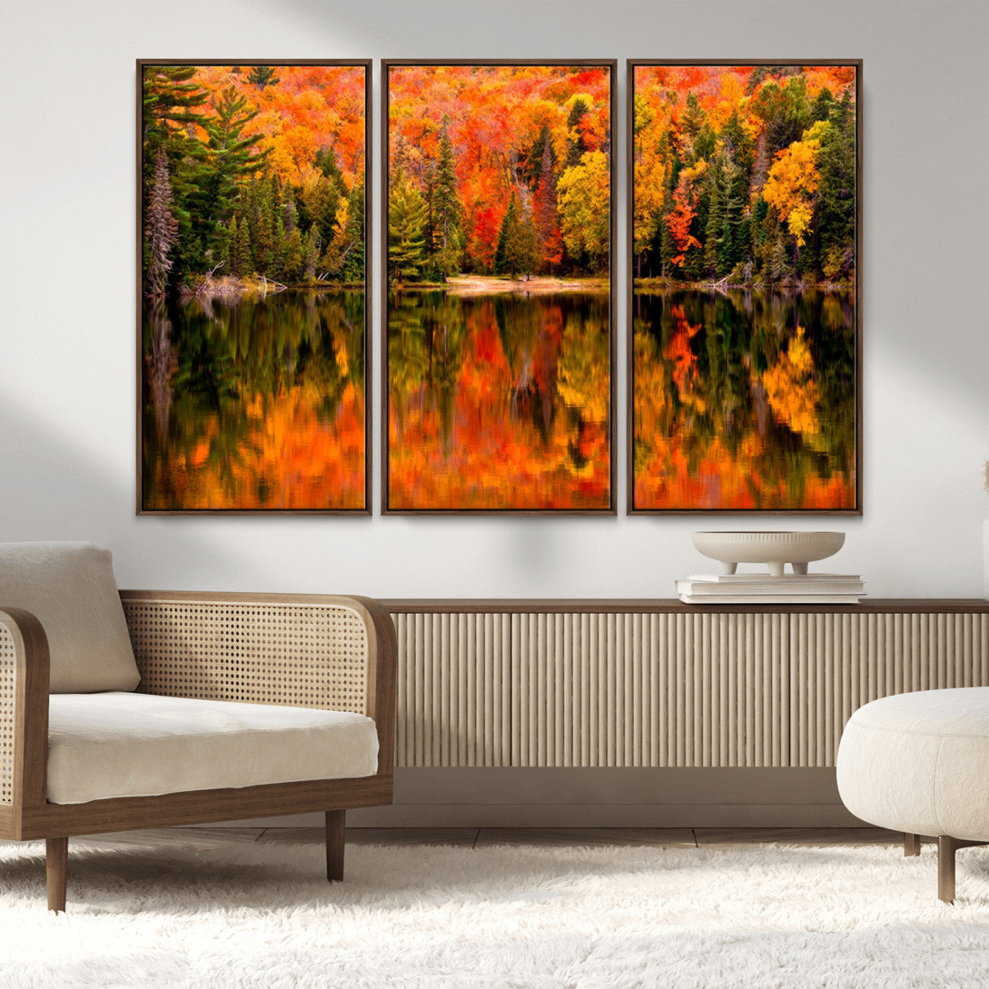 MGV-FC-48X32-3P - Forest Reflection Art | Autumn Forest Reflection Wall Art | Triptych Canvas Print | Vibrant Fall