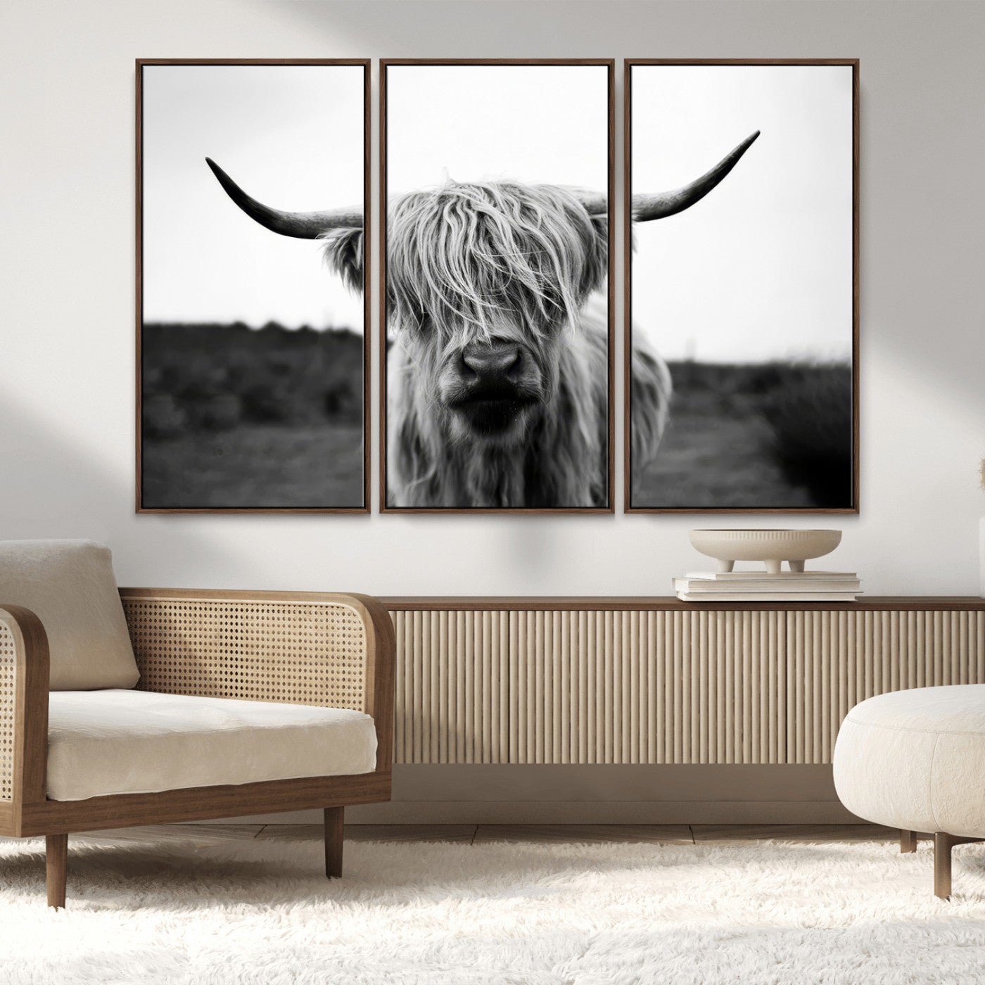 MGV-FC-48X32-3P - Highland Cow Wall Art | Black and White Farmhouse Decor | Triptych Canvas Print | Rustic Barn Decor