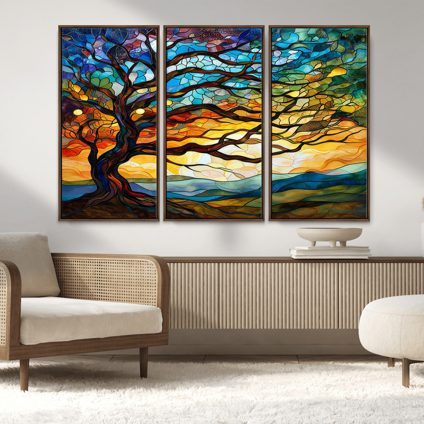 MGV-FC-48X32-3P - Mosaic Tree Wall Art | Ready to Hang Stained Glass Style Canvas Print | Farmhouse Wall Decor, Cabin