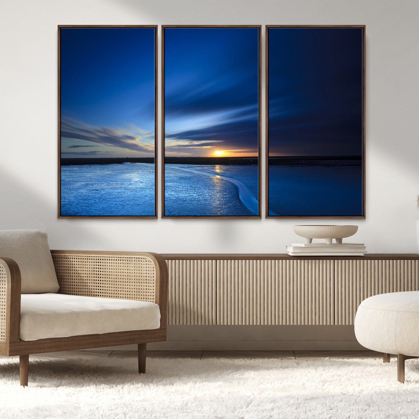 MGV-FC-48X32-3P - Blue Sunset Ocean Canvas Wall Art Print – Serene Coastal Horizon Wall Decor for Home or Office –