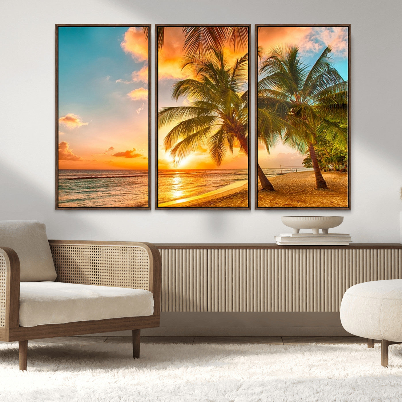 MGV-FC-48X32-3P - Tropical Sunset Beach Canvas Wall Art Print – Vibrant Palm Trees and Coastal Sunset Wall Decor for
