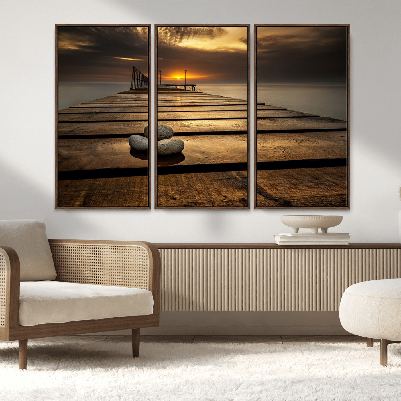 MGV-FC-48X32-3P - Stones on Wooden Pier at Sunset Canvas Print, Serene Coastal Wall Art, Beach Sunset Photography,