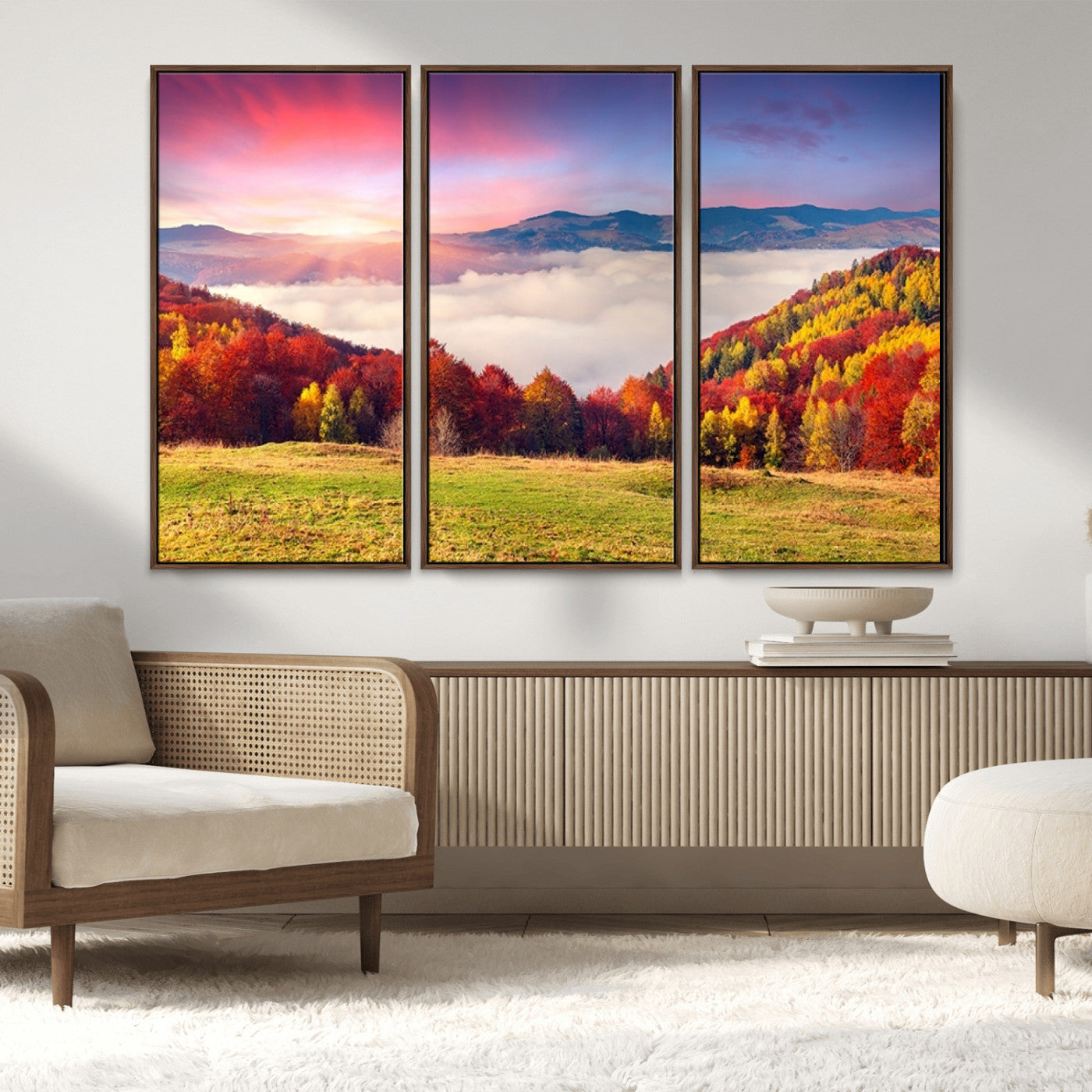 MGV-FC-48X32-3P - Autumn Mountain Foggy Landscape Wall Art Canvas Print | Beautiful Forest Canvas Print | Misty