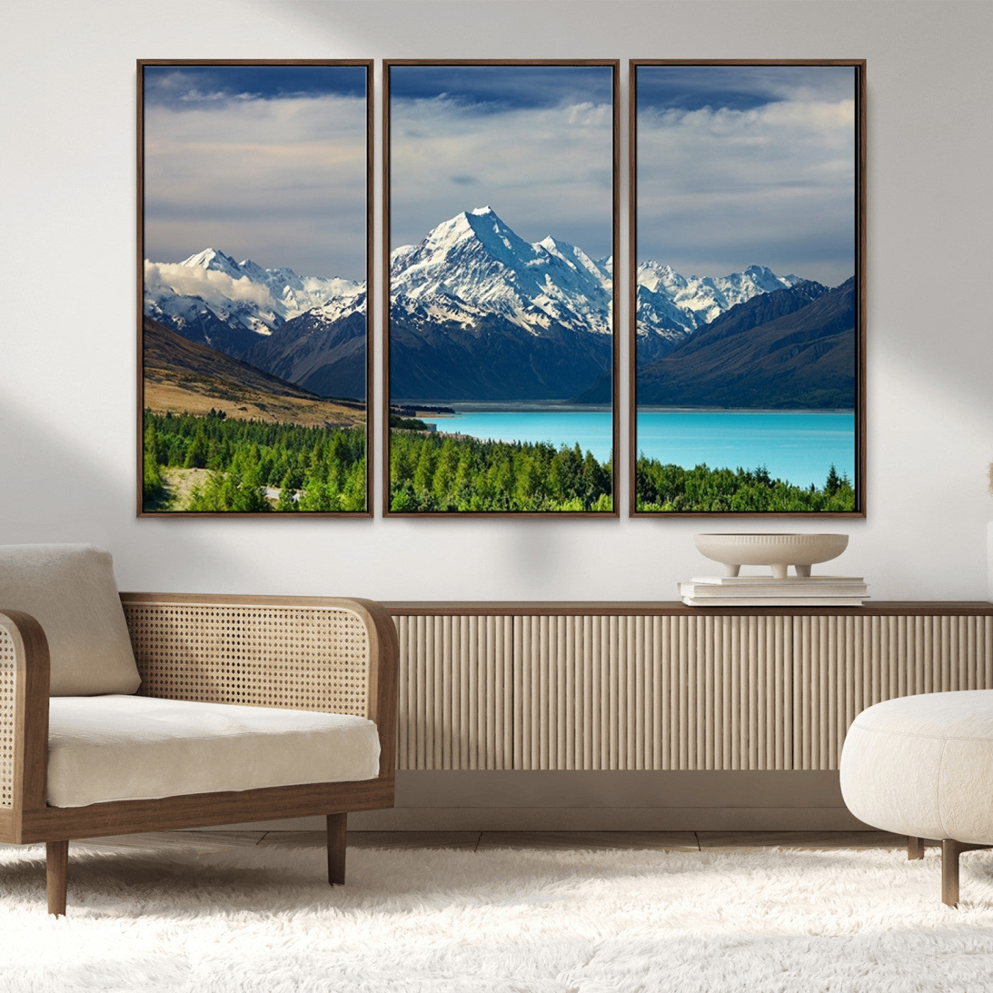 MGV-FC-48X32-3P - Mount Cook and Lake Pukaki Canvas Wall Art Print – Majestic Snow-Capped Peaks and Serene Lake Wall