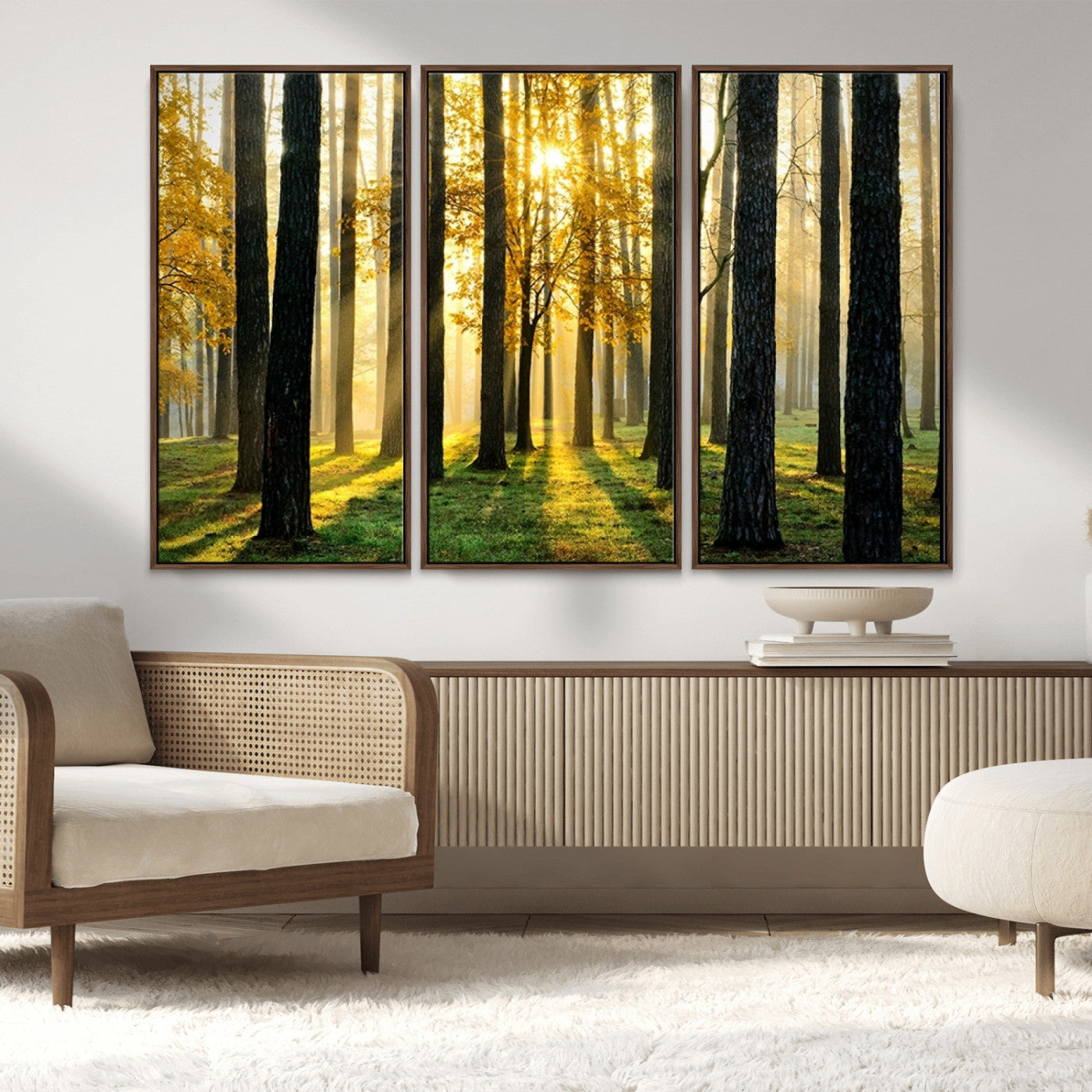 MGV-FC-48X32-3P - Sunlit Forest Canvas Wall Art – Serene Woodland Triptych Landscape Print – Nature-Inspired Decor for
