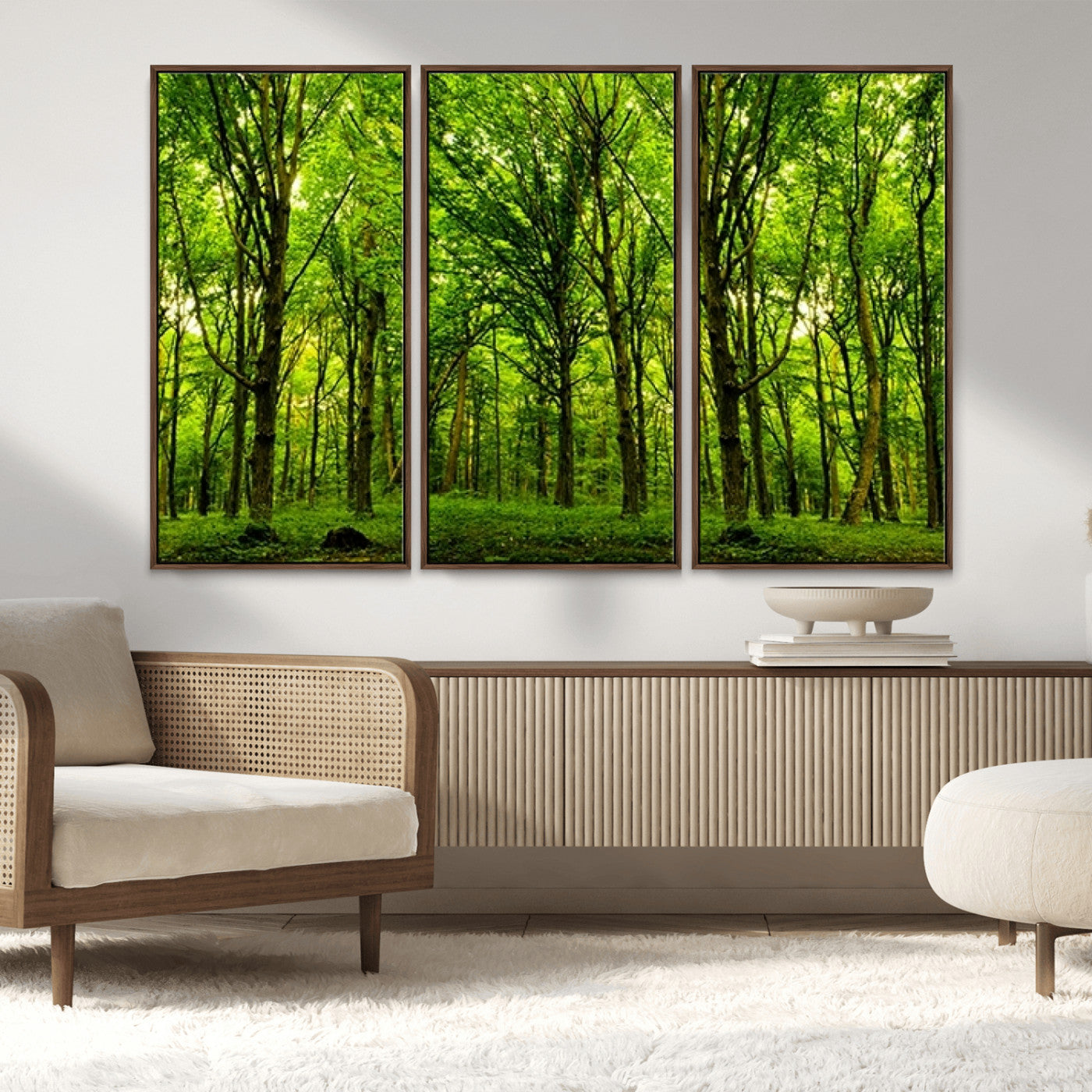 MGV-FC-48X32-3P - Lush Green Forest Canvas Print | 3-Panel Forest Wall Art | Nature Landscape for Living Room
