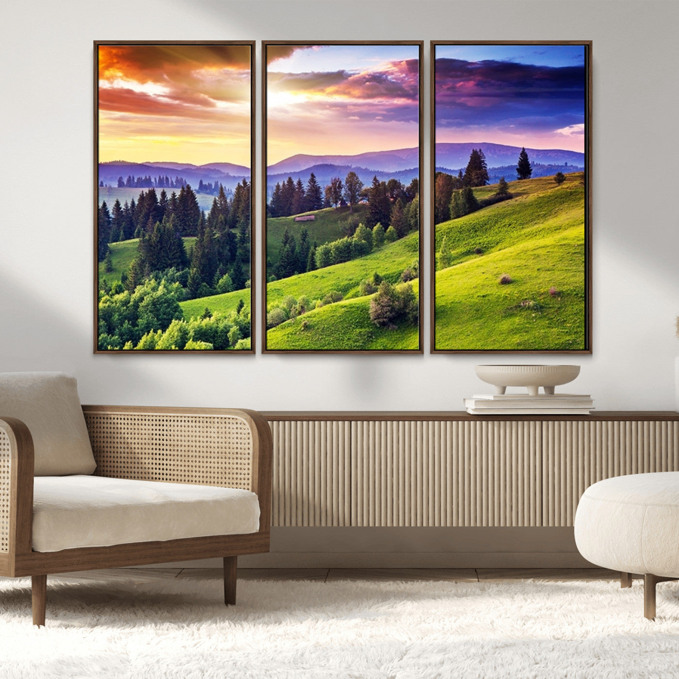 MGV-FC-48X32-3P - Green Hills and Sunset Wall Art Print - Scenic Landscape with Lush Greenery and Vibrant Sky, Ready