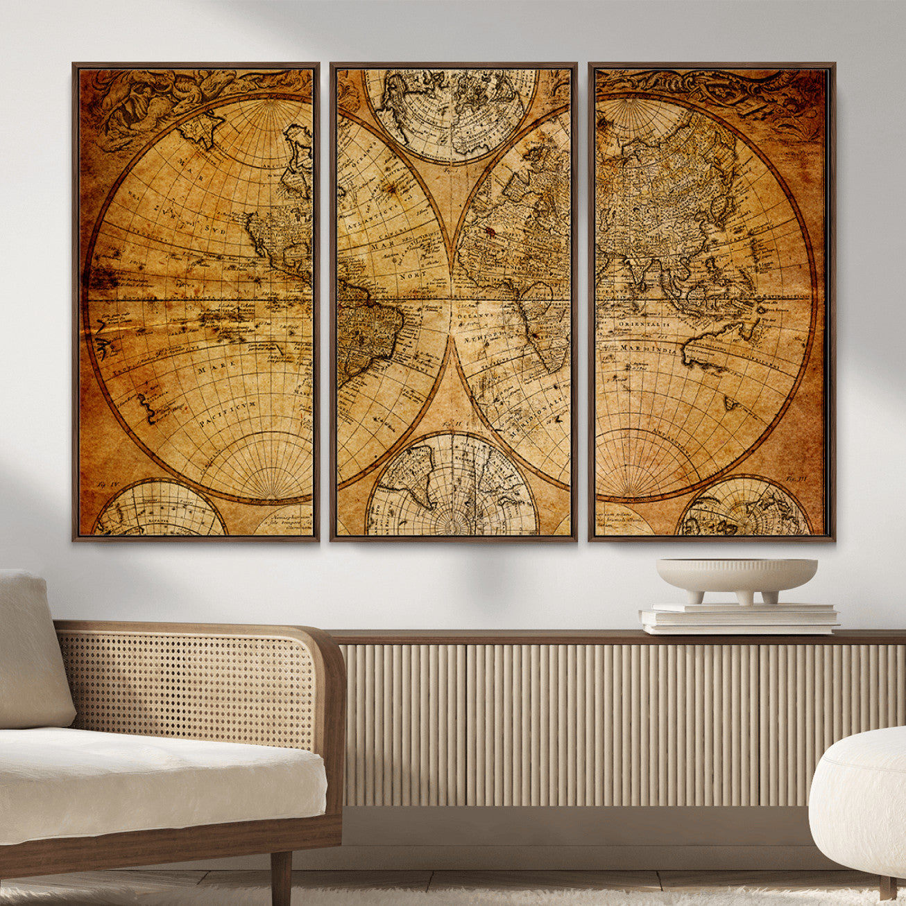 25517-MGV-FC-48X32-3P - Vintage World Map Canvas Print – Antique Push Pin Travel Map, Framed Wall Art for Home or Office Decor