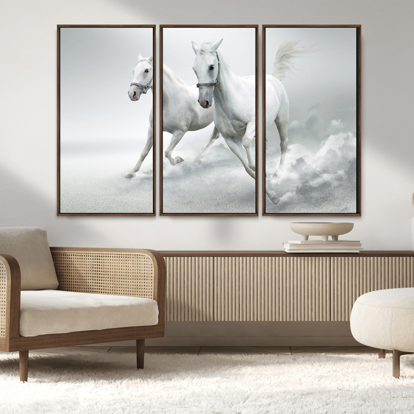 MGV-FC-48X32-3P - Large Wall Art Animal Canvas Print - Beautiful Running White Horses