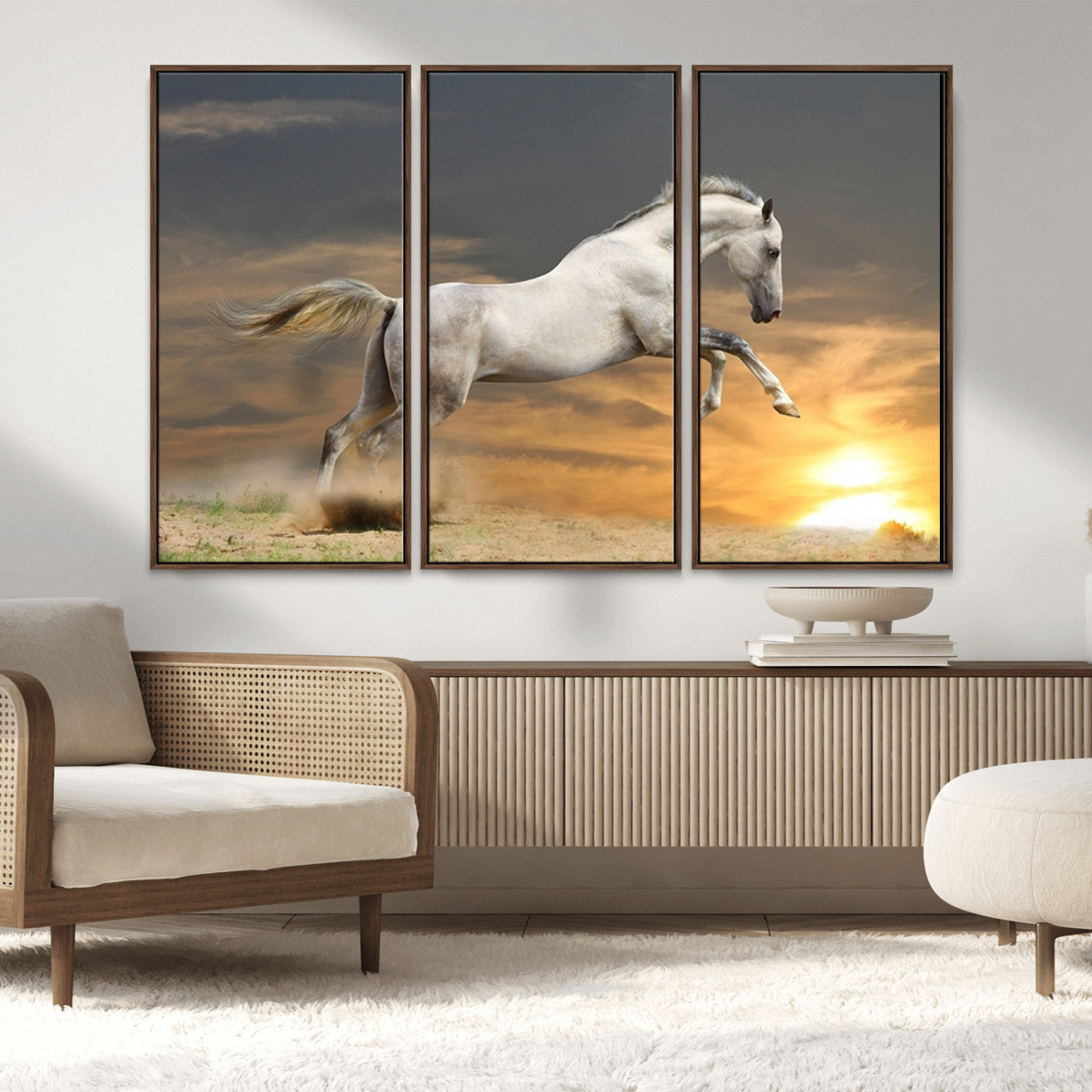 MGV-FC-48X32-3P - Large Wall Art Animal Canvas Print - White Jumping Horse at Sunset