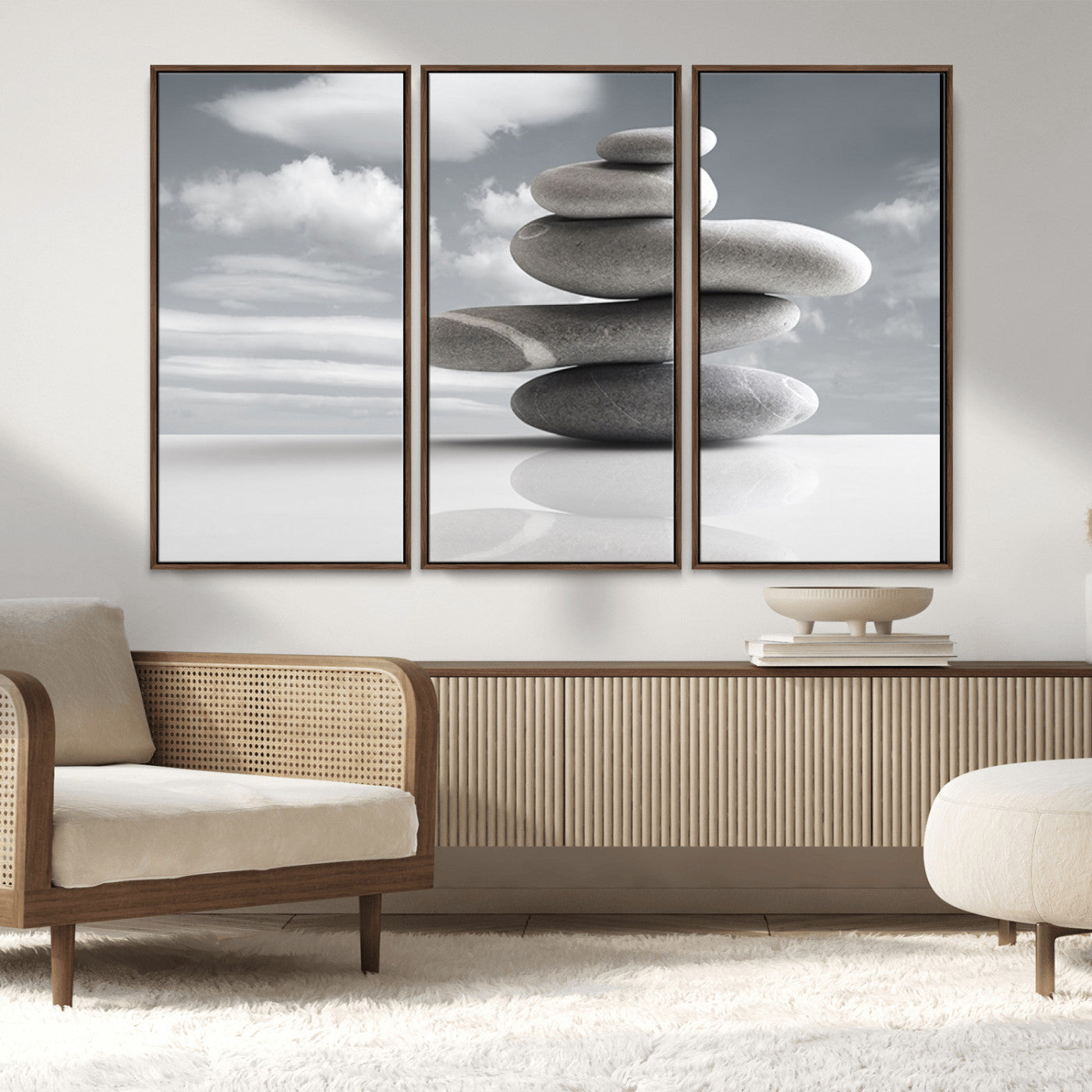 MGV-FC-48X32-3P - Still Life Black and White Zen Stones Wall Art Canvas, Framed Black and White Zen Stones Canvas