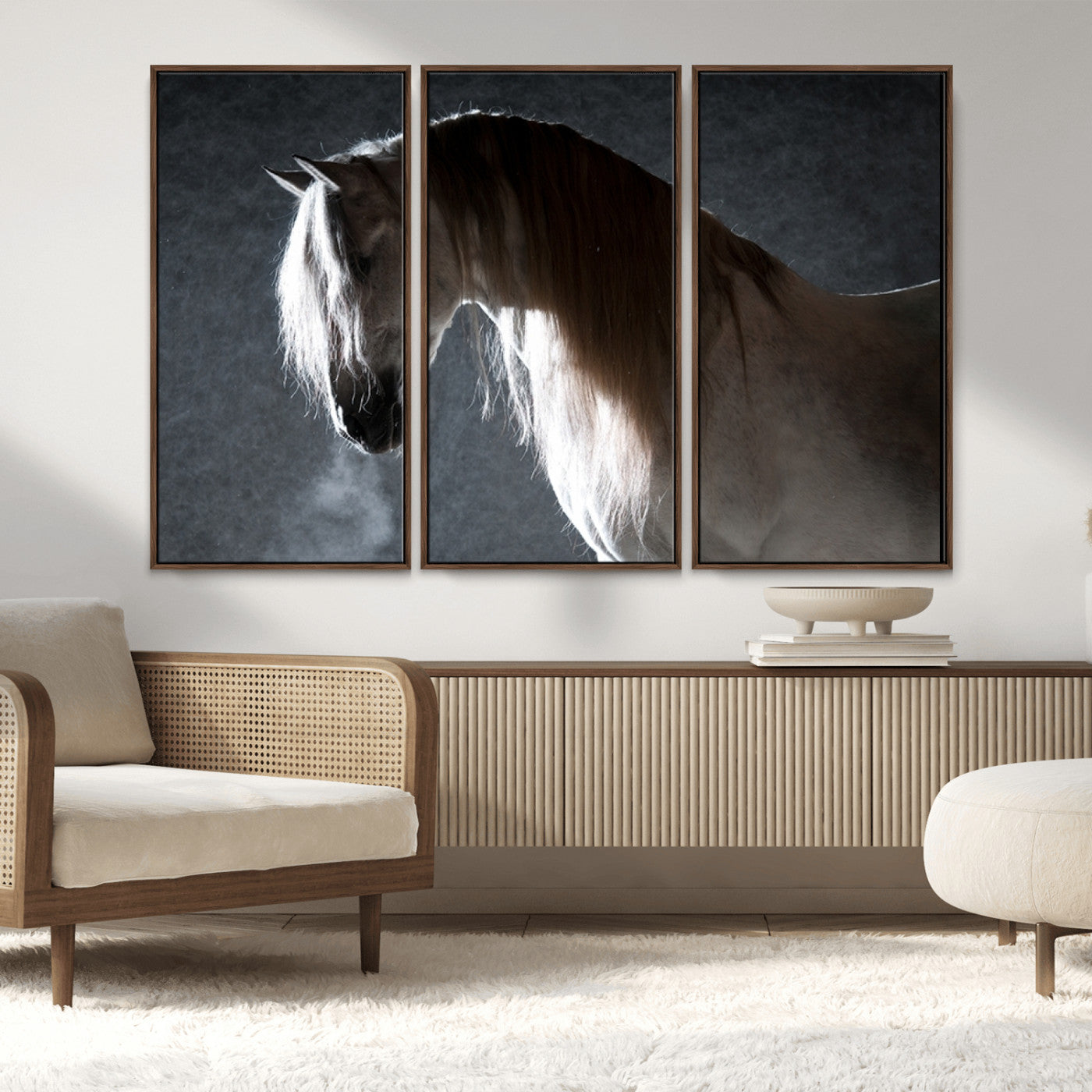 MGV-FC-48X32-3P - Large Wall Art Cream Colored Horse on Grey Background Canvas Print