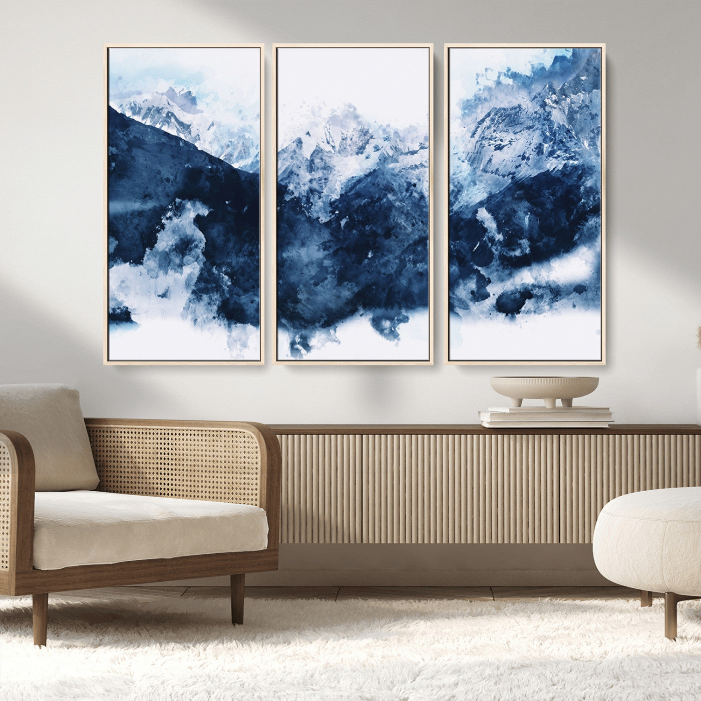 81700-MGV-FC-48X32-3P_Natural-Abstract Blue Mountain Canvas Wall Art – Modern Triptych Landscape Print – Contemporary Nature Decor for Living Room or Office – Ready to