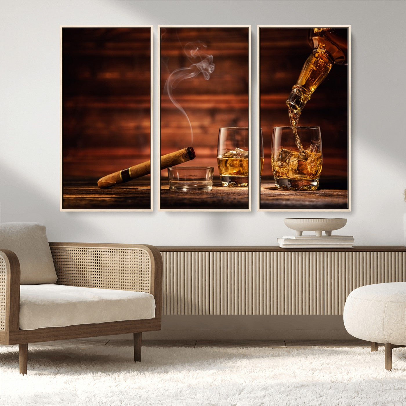 MGV-FC-48X32-3P - Whiskey and Cigar Wall Art Canvas | 3 Panel Bar Room Decor for Home Lounge, Office, or Man Cave |