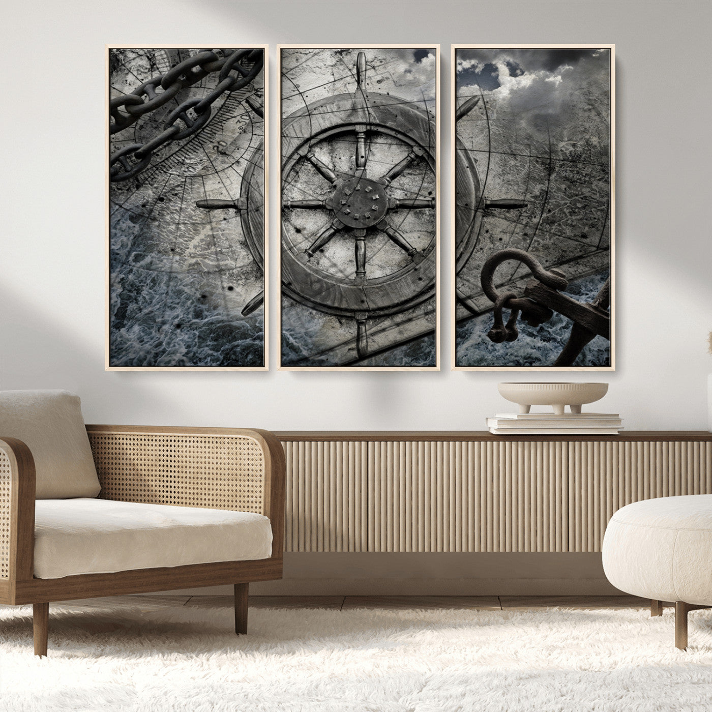 MGV-FC-48X32-3P - Ship Steering Wheel Vintage Wall Art Canvas Print
