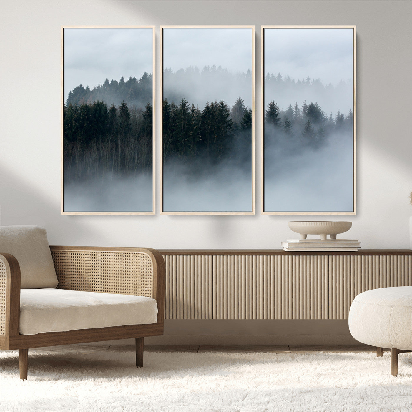 MGV-FC-48X32-3P - Autumn and Misty Trees in the Forest Wall Art Canvas Print, Foggy Forest Mountain Wall Art Canvas