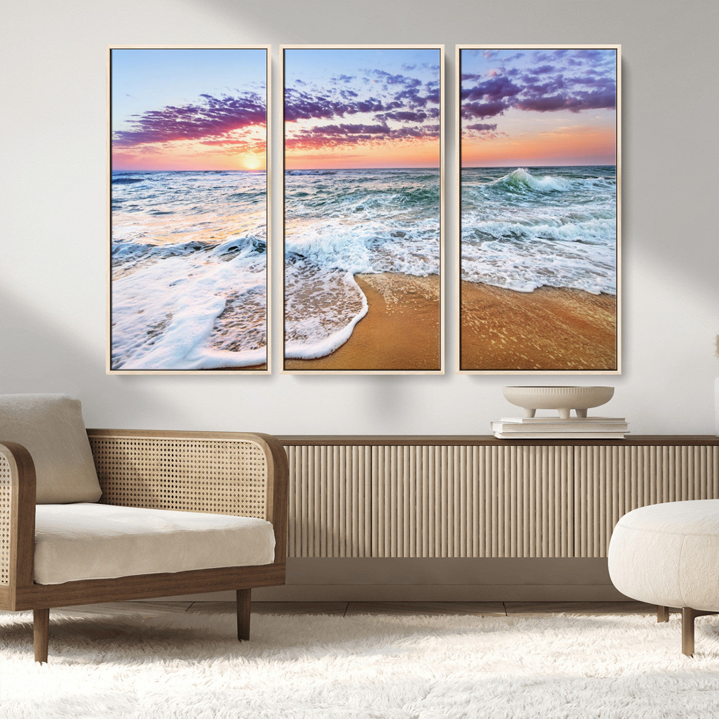 MGV-FC-48X32-3P - Coastal Sunset Art Beach Canvas Wall Art Print | Ocean Waves Wall Art | Large 3-Panel Seascape for