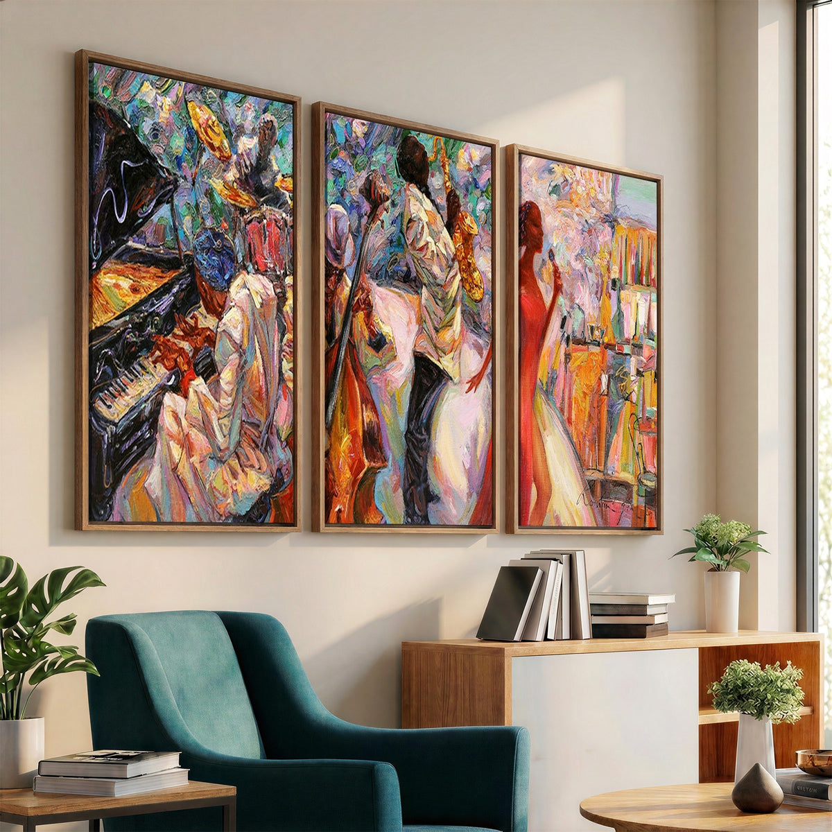40574-_Poster-30x20 - Afro American Jazz Band Canvas Wall Art | 3 Panel Music Studio Decor