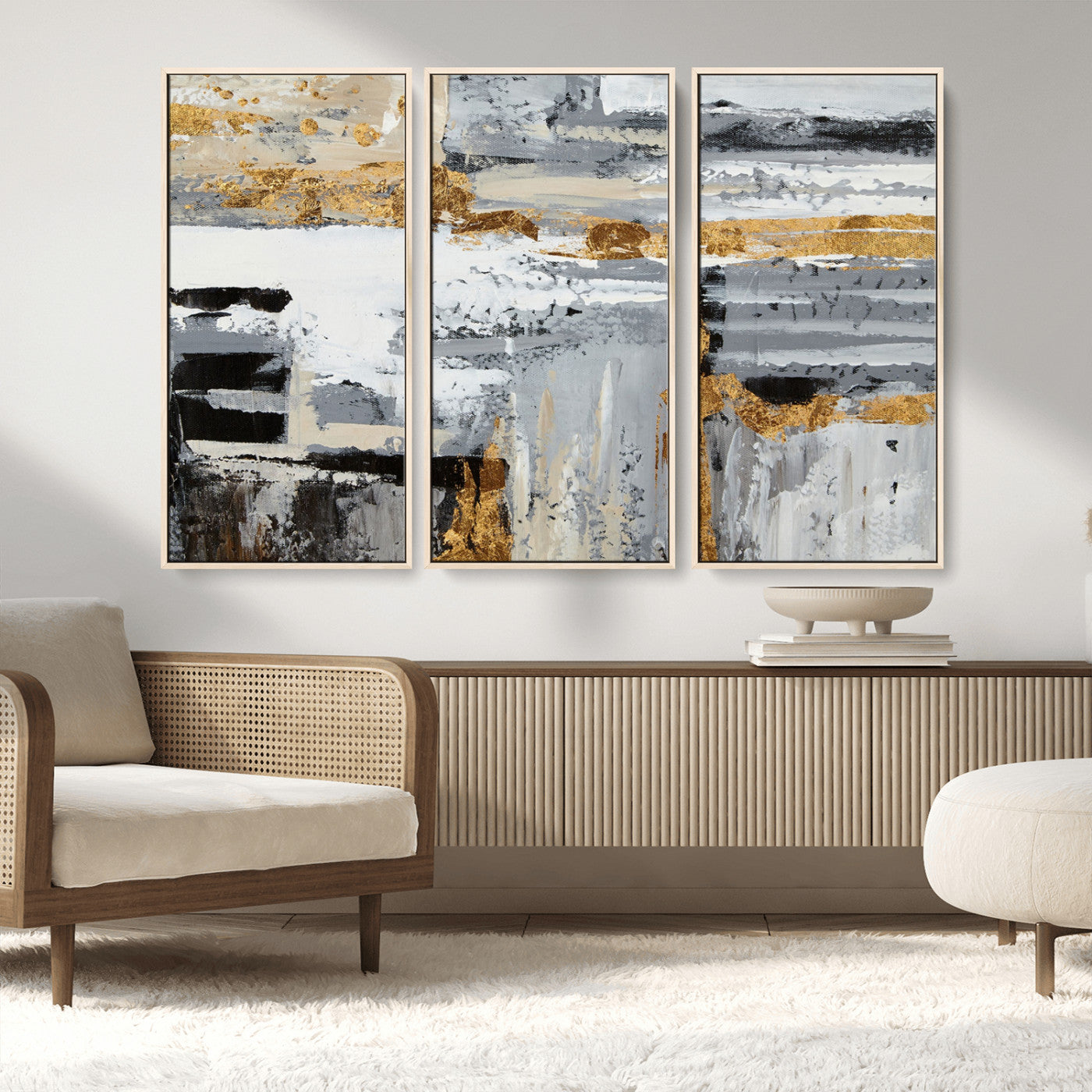 43177-MGV-FC-48X32-3P_Natural-Abstract Painting Canvas Wall Art Print Paint Drip Art Brush Strokes Gray Artwork