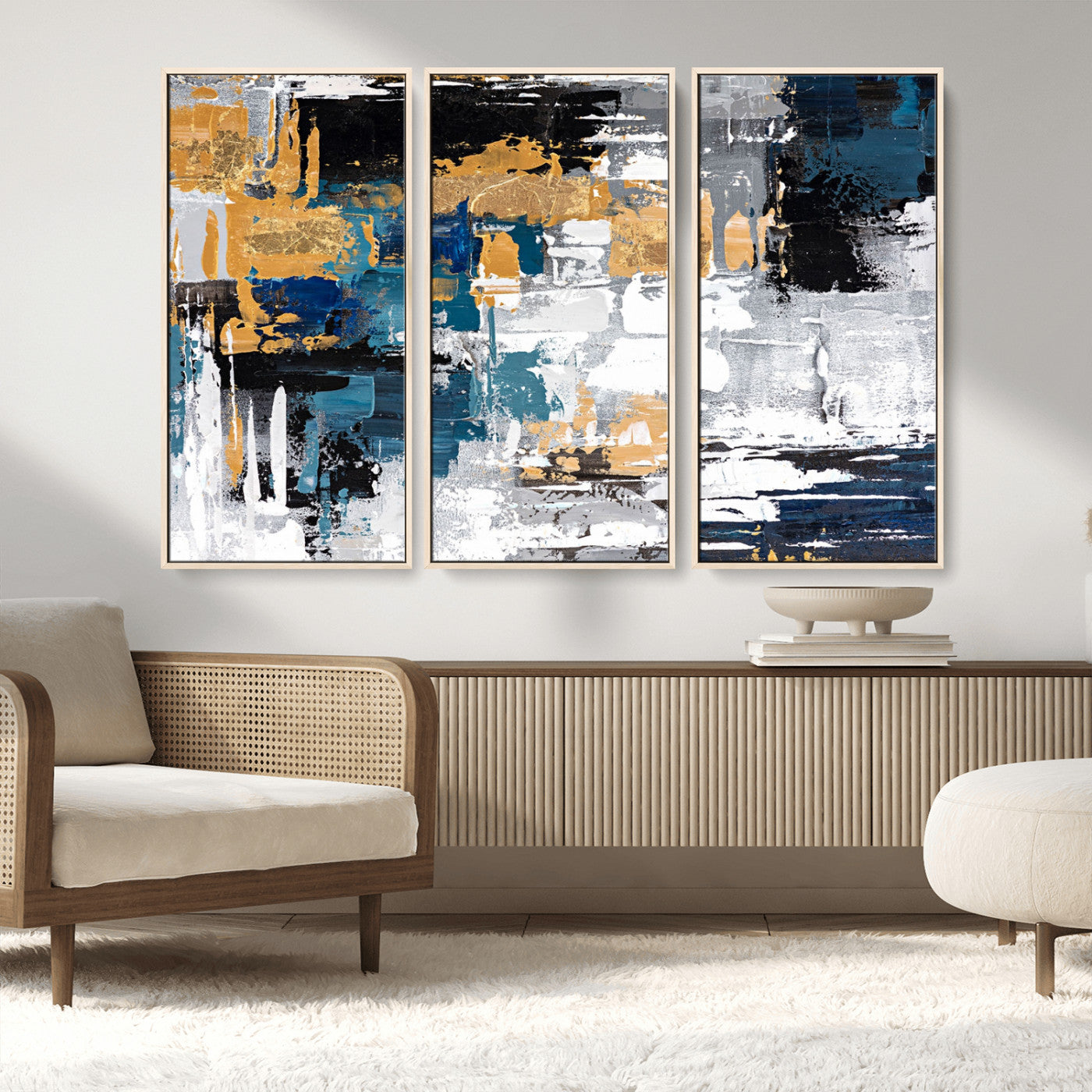 57708-MGV-FC-48X32-3P_Natural-Blue and Gold Abstract Canvas Wall Art – Triptych Modern Painting for Living Room – Framed and Ready to Hang